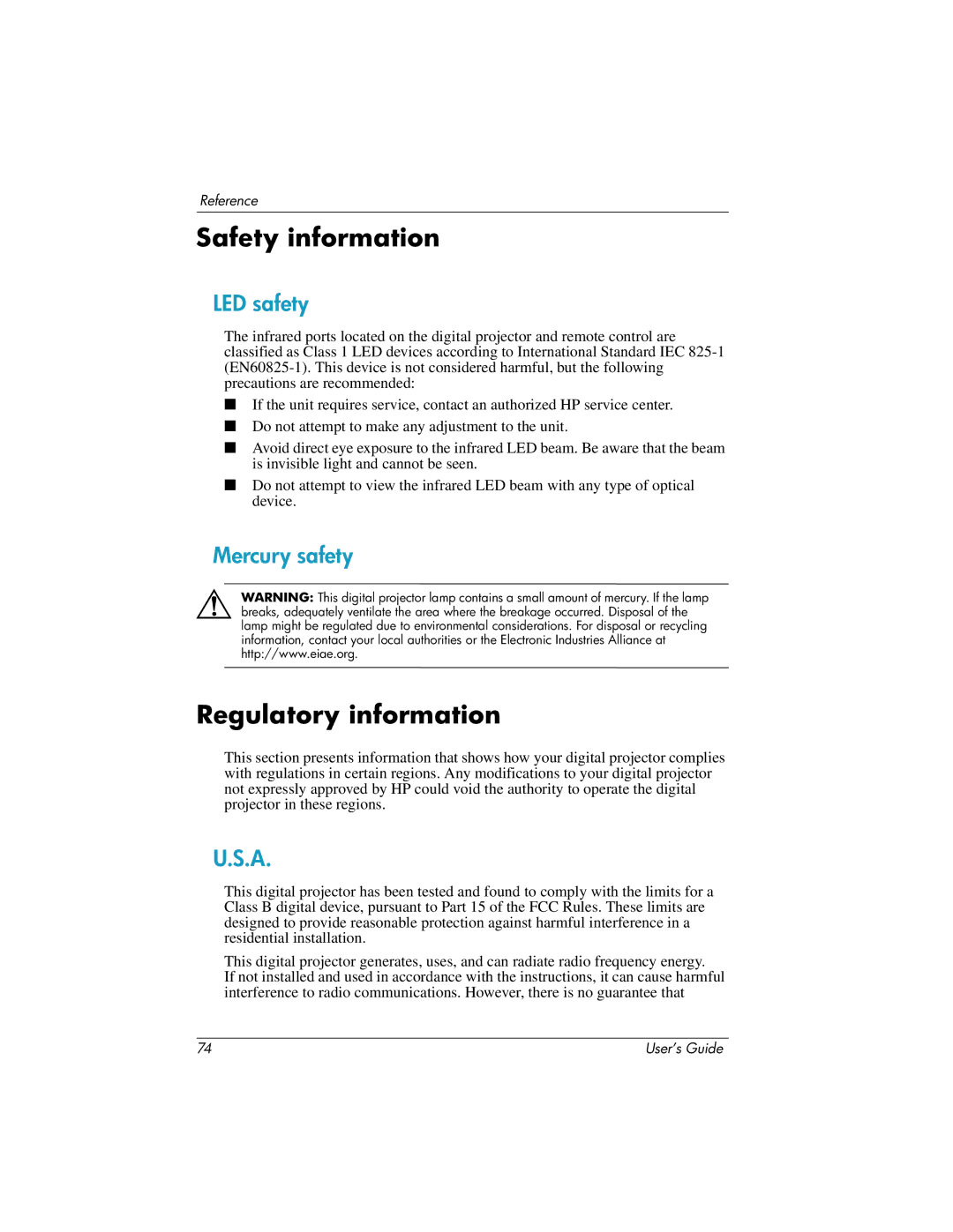 HP ep7100 manual Safety information, Regulatory information, LED safety, Mercury safety 