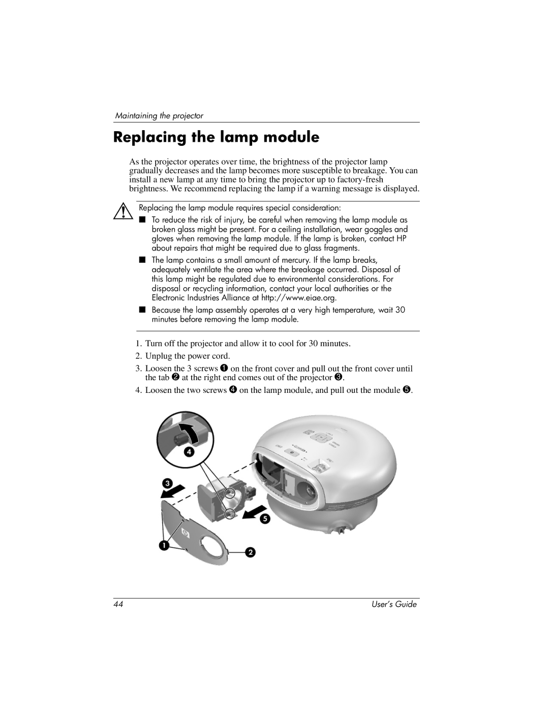 HP ep7100 manual Replacing the lamp module requires special consideration 