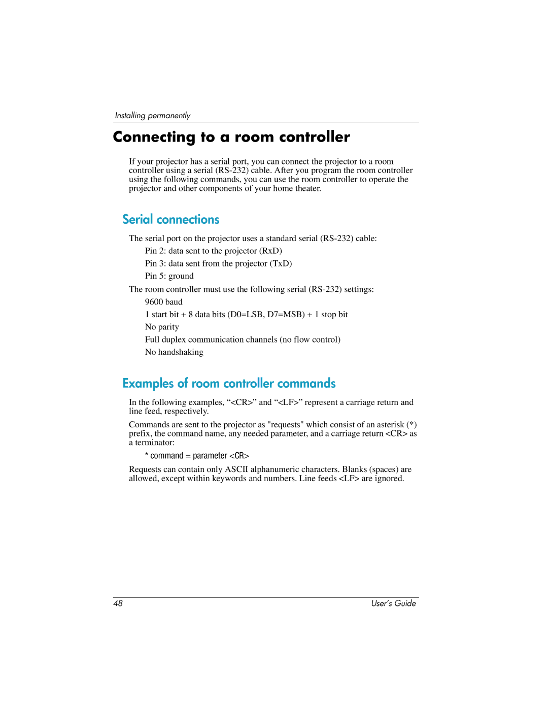 HP ep7100 manual Connecting to a room controller, Serial connections, Examples of room controller commands 