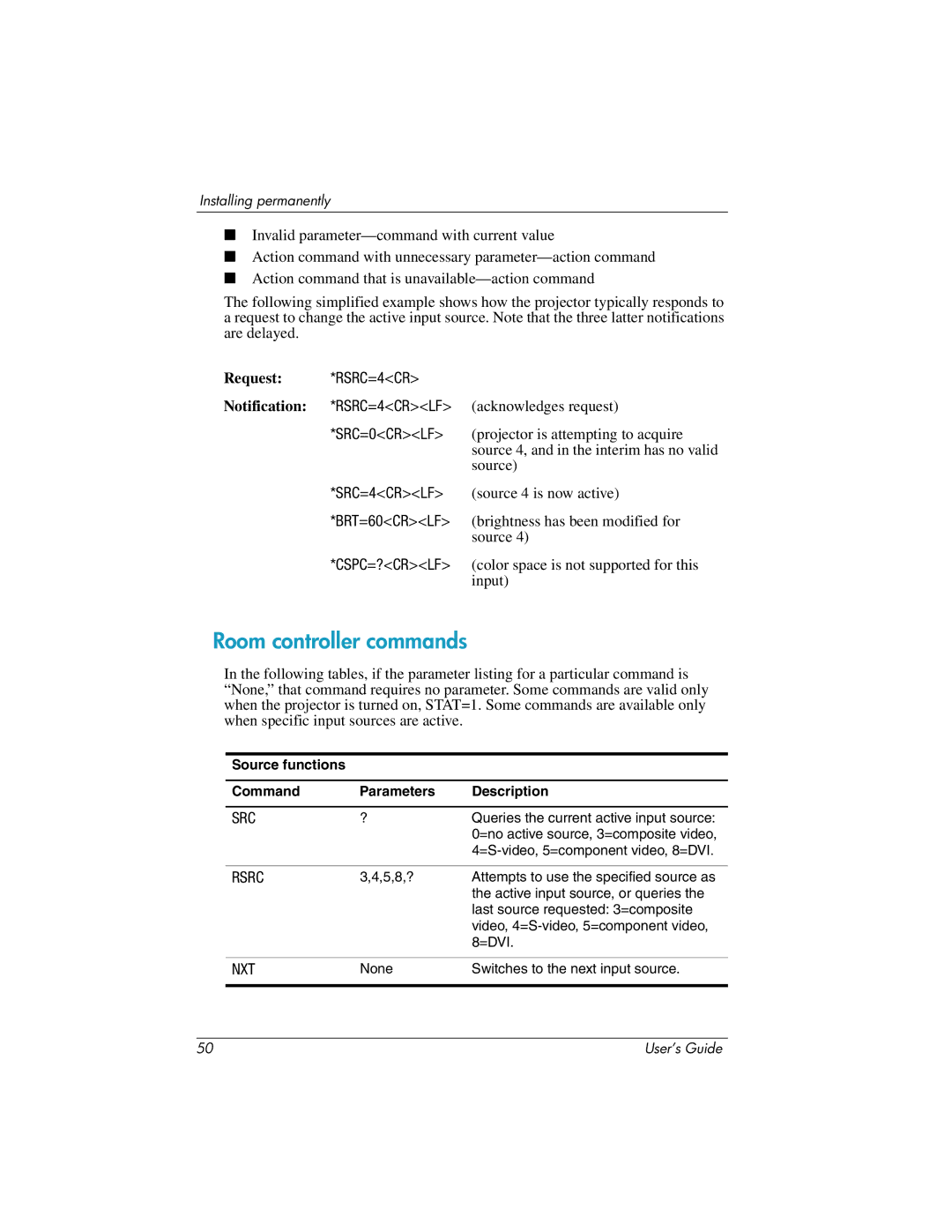 HP ep7100 manual Room controller commands, Notification 