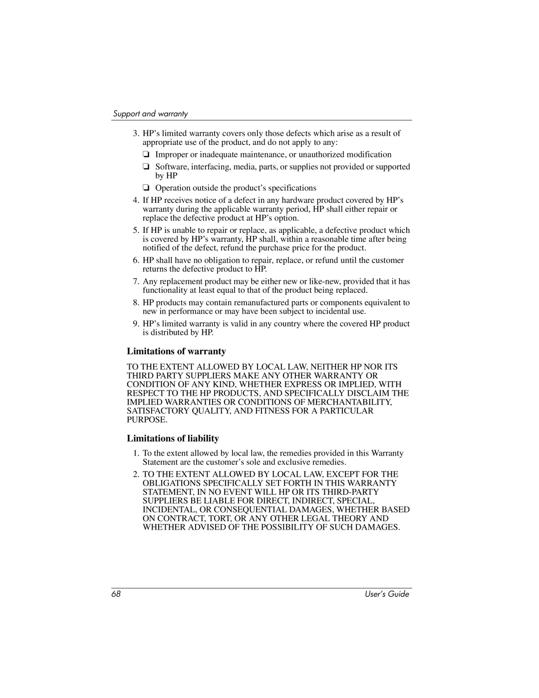 HP ep7100 manual Limitations of warranty, Limitations of liability 