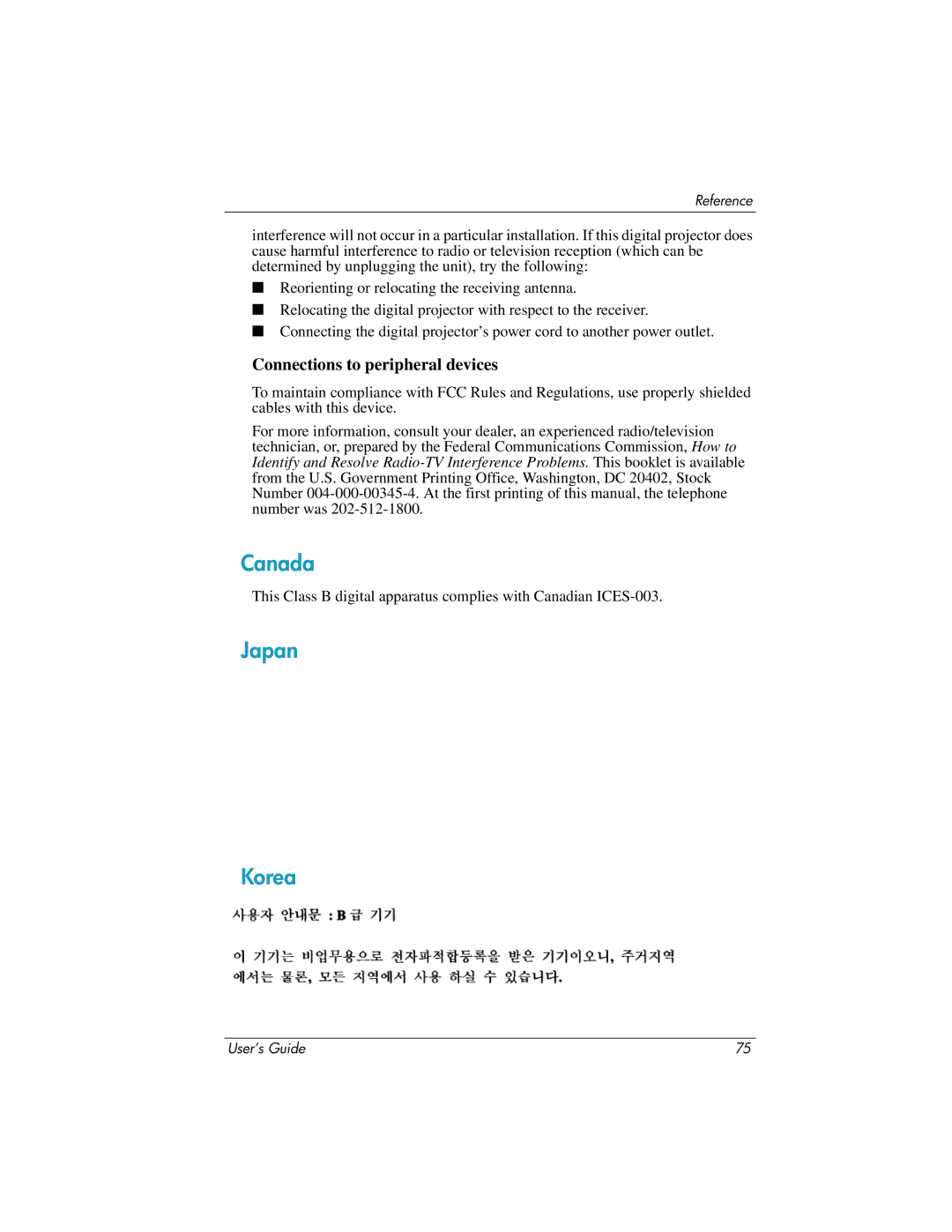 HP ep7100 manual Canada, Japan Korea, Connections to peripheral devices 