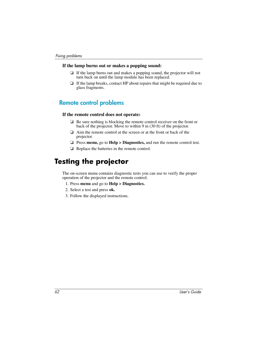 HP ep9012, ep9010 manual Testing the projector, Remote control problems, If the lamp burns out or makes a popping sound 
