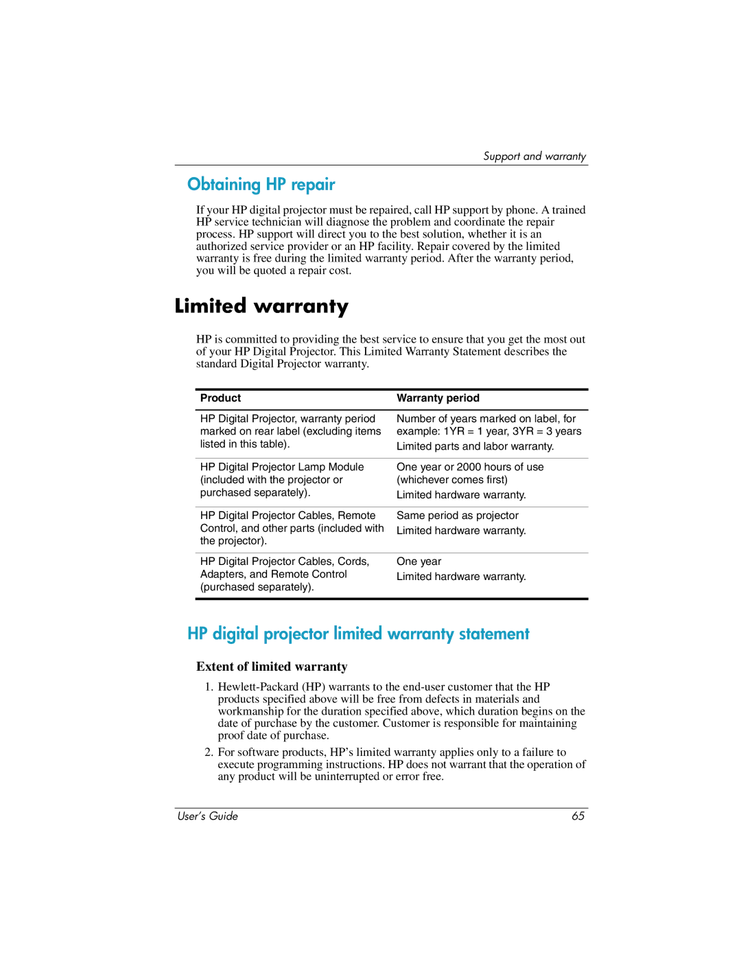 HP ep9010, ep9012 manual Limited warranty, Obtaining HP repair, HP digital projector limited warranty statement 