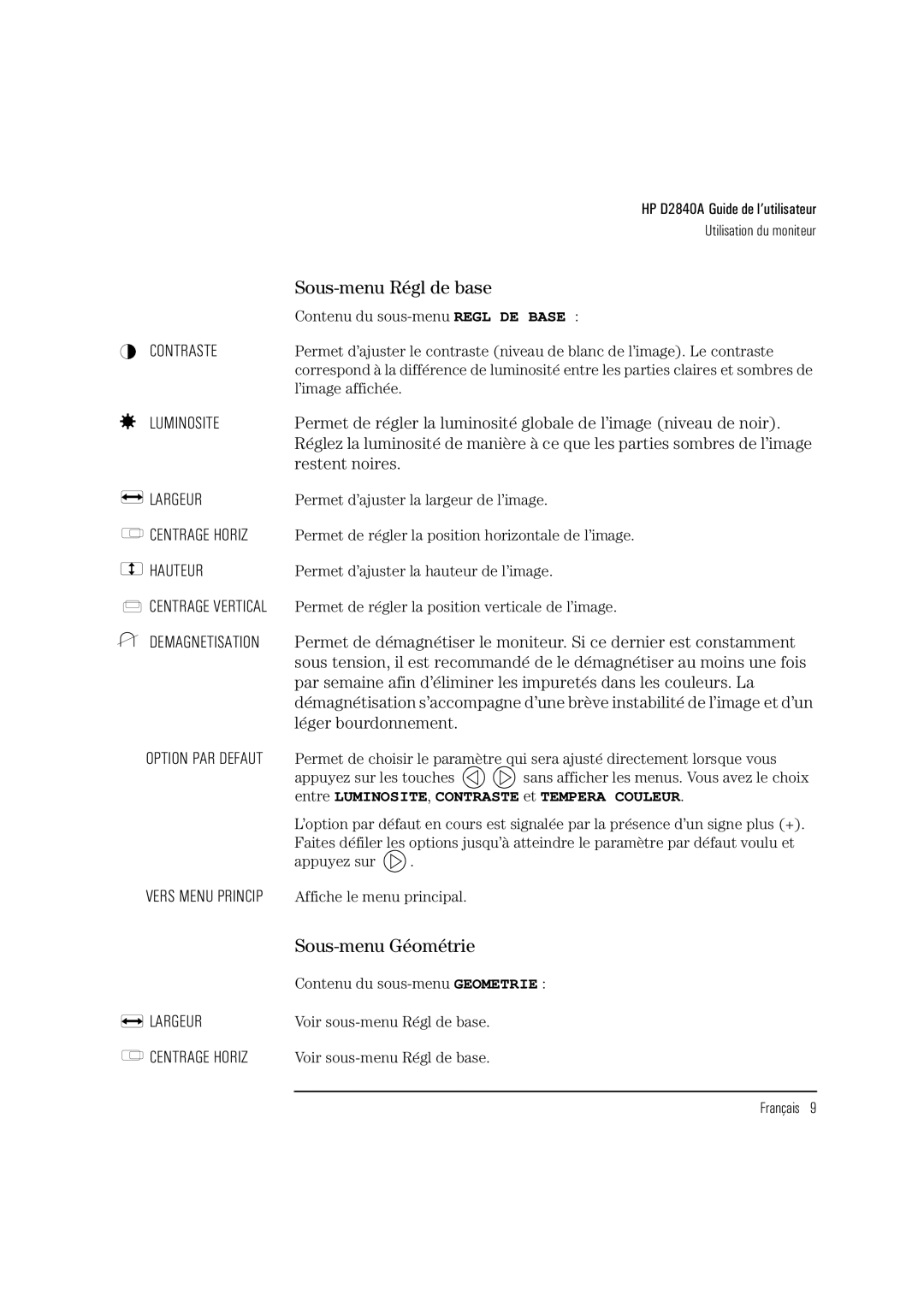 HP Ergo 1280 D2840A manual Sous-menu Régl de base, Sous-menu Géométrie, Luminosite, Largeur 