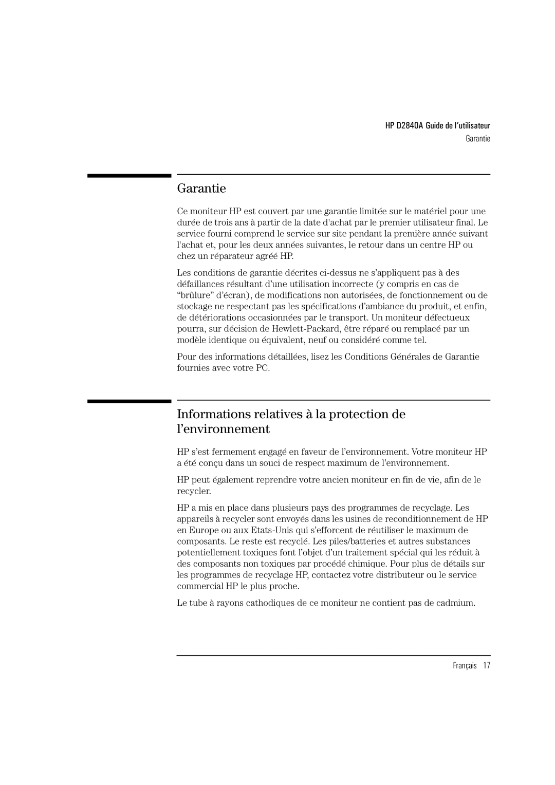 HP Ergo 1280 D2840A manual Garantie, Informations relatives à la protection de l’environnement 