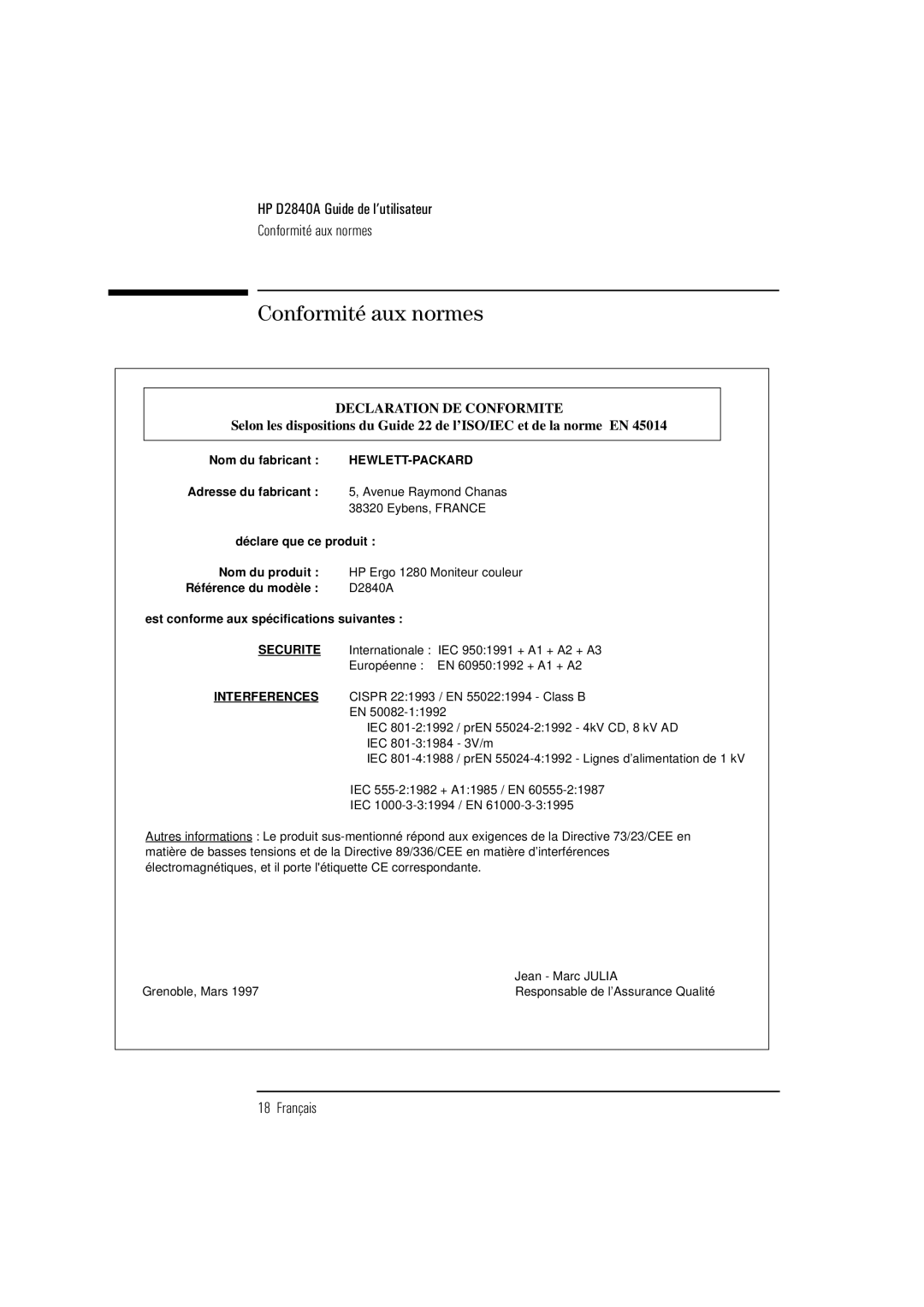 HP Ergo 1280 D2840A manual Conformité aux normes, Declaration DE Conformite 