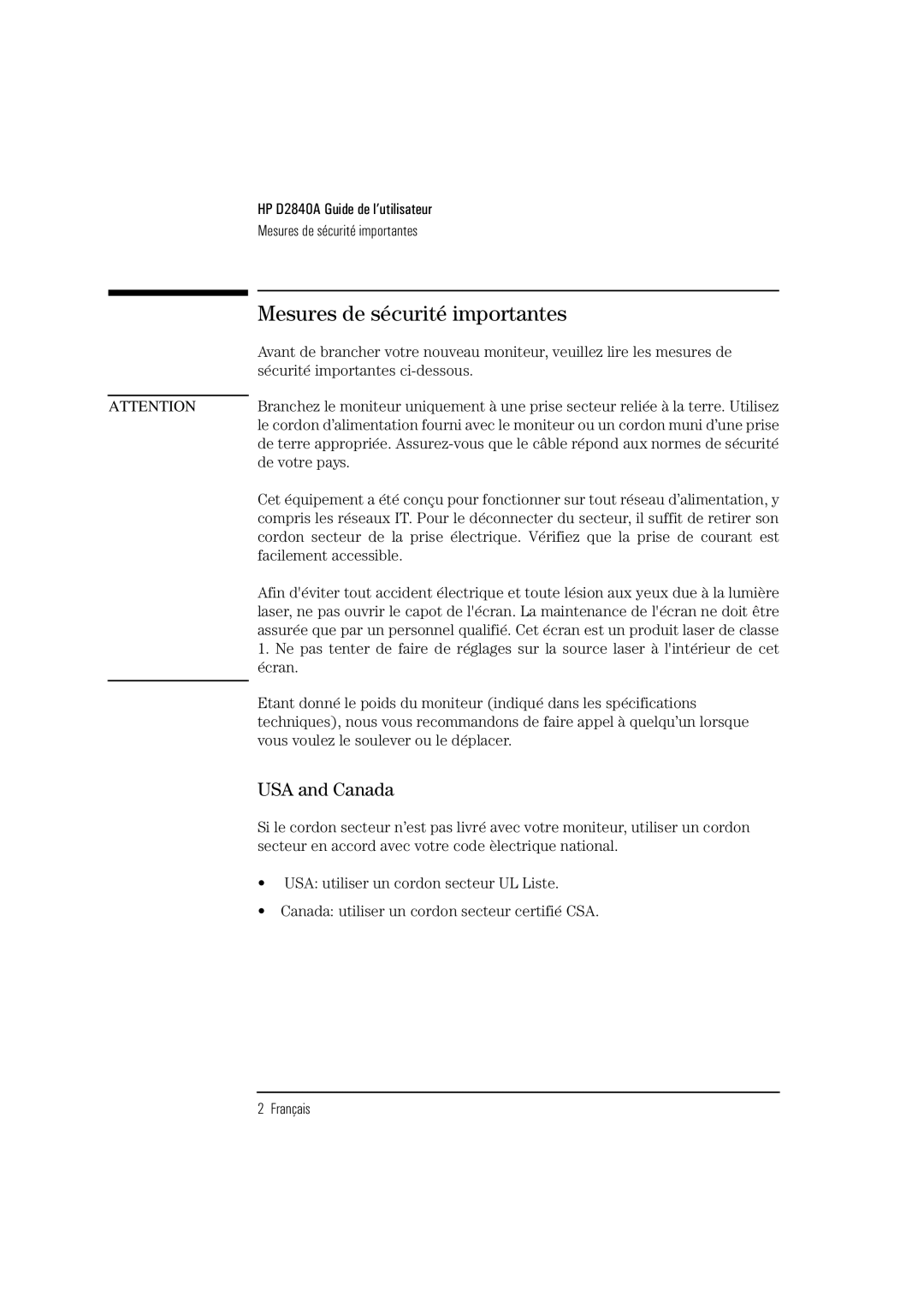 HP Ergo 1280 D2840A manual Mesures de sécurité importantes, USA and Canada 