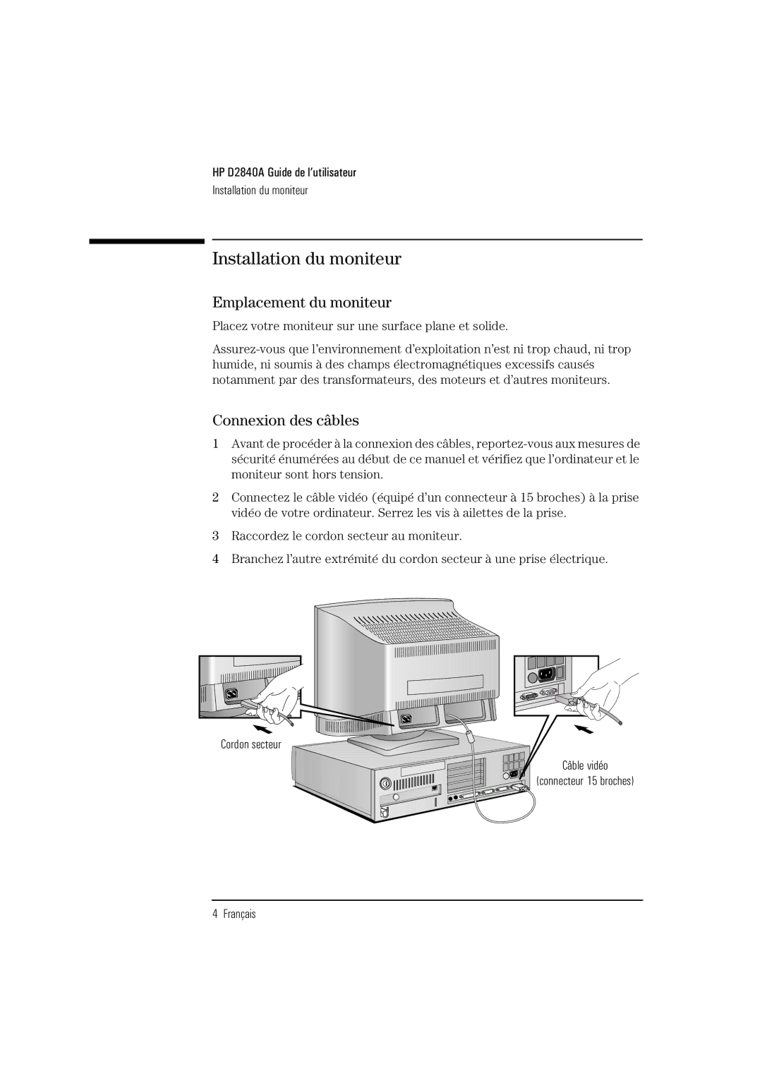 HP Ergo 1280 D2840A manual Installation du moniteur, Emplacement du moniteur, Connexion des câbles 