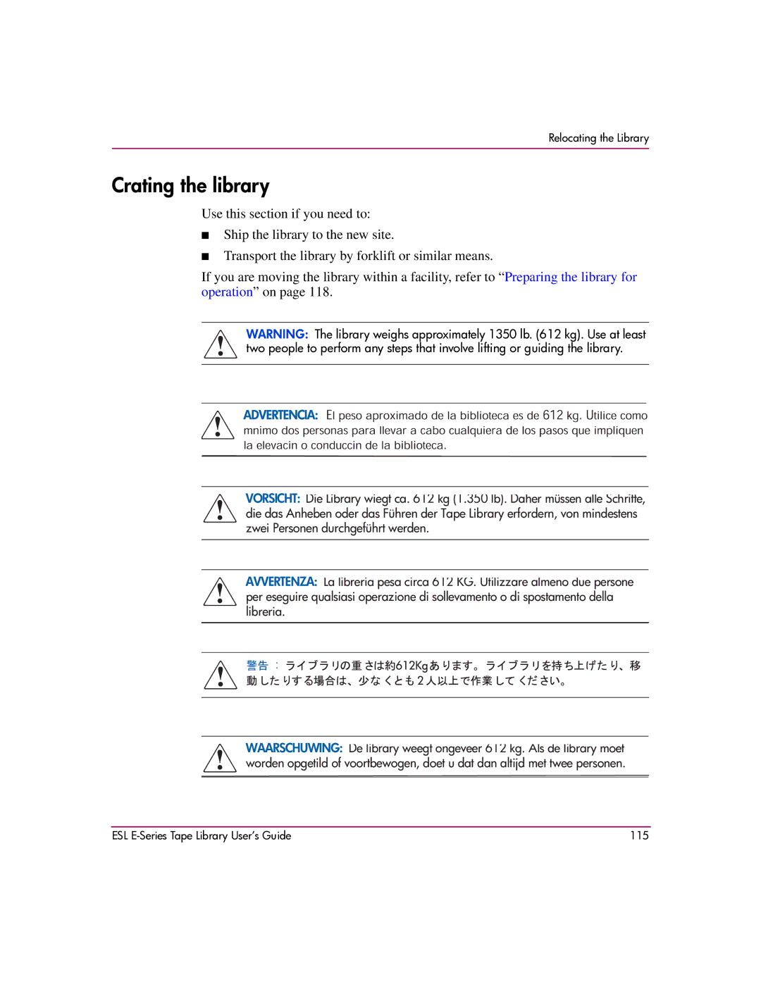 HP ESL E manual Crating the library 