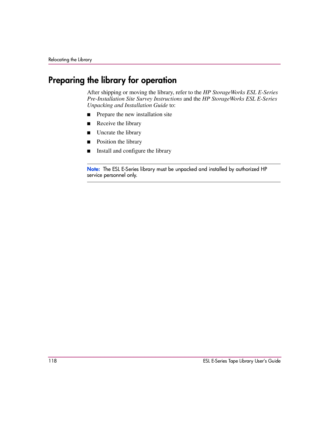 HP ESL E manual Preparing the library for operation 