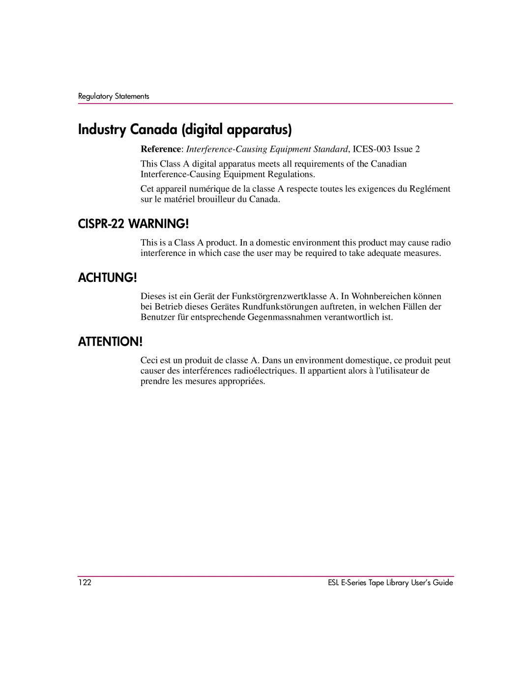 HP ESL E manual Industry Canada digital apparatus, CISPR-22 Warning 