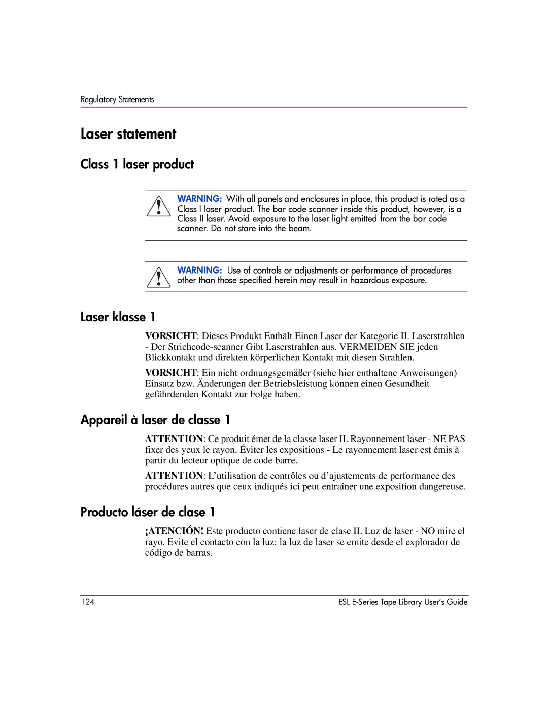 HP ESL E manual Laser statement, Class 1 laser product Laser klasse, Appareil à laser de classe Producto láser de clase 