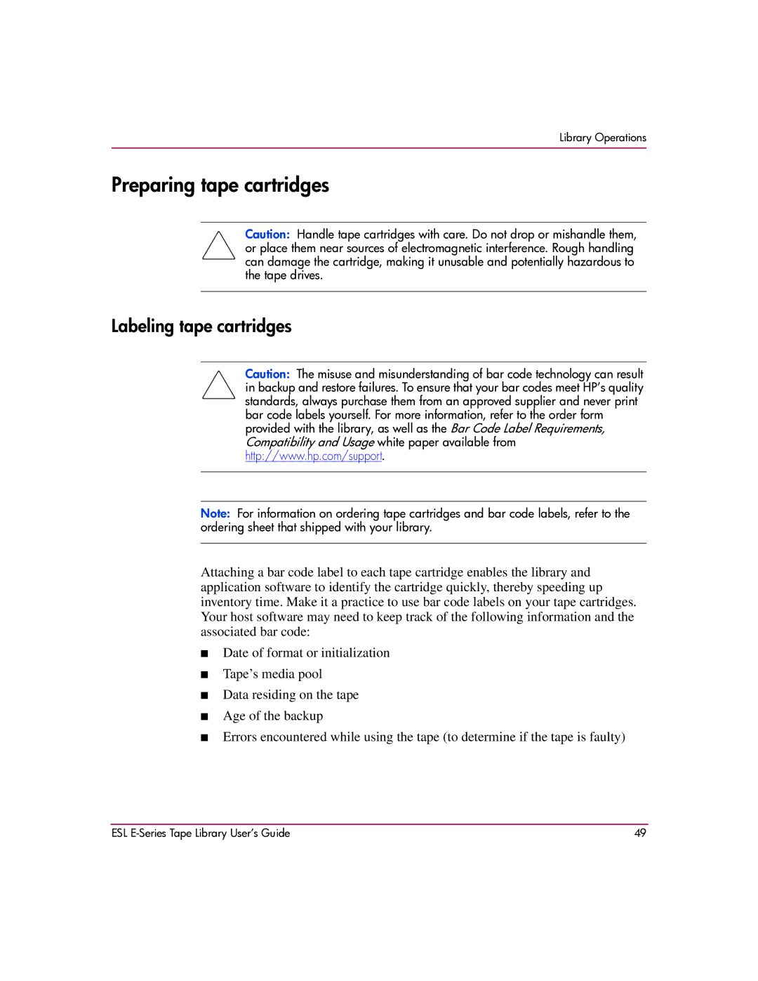 HP ESL E manual Preparing tape cartridges, Labeling tape cartridges 