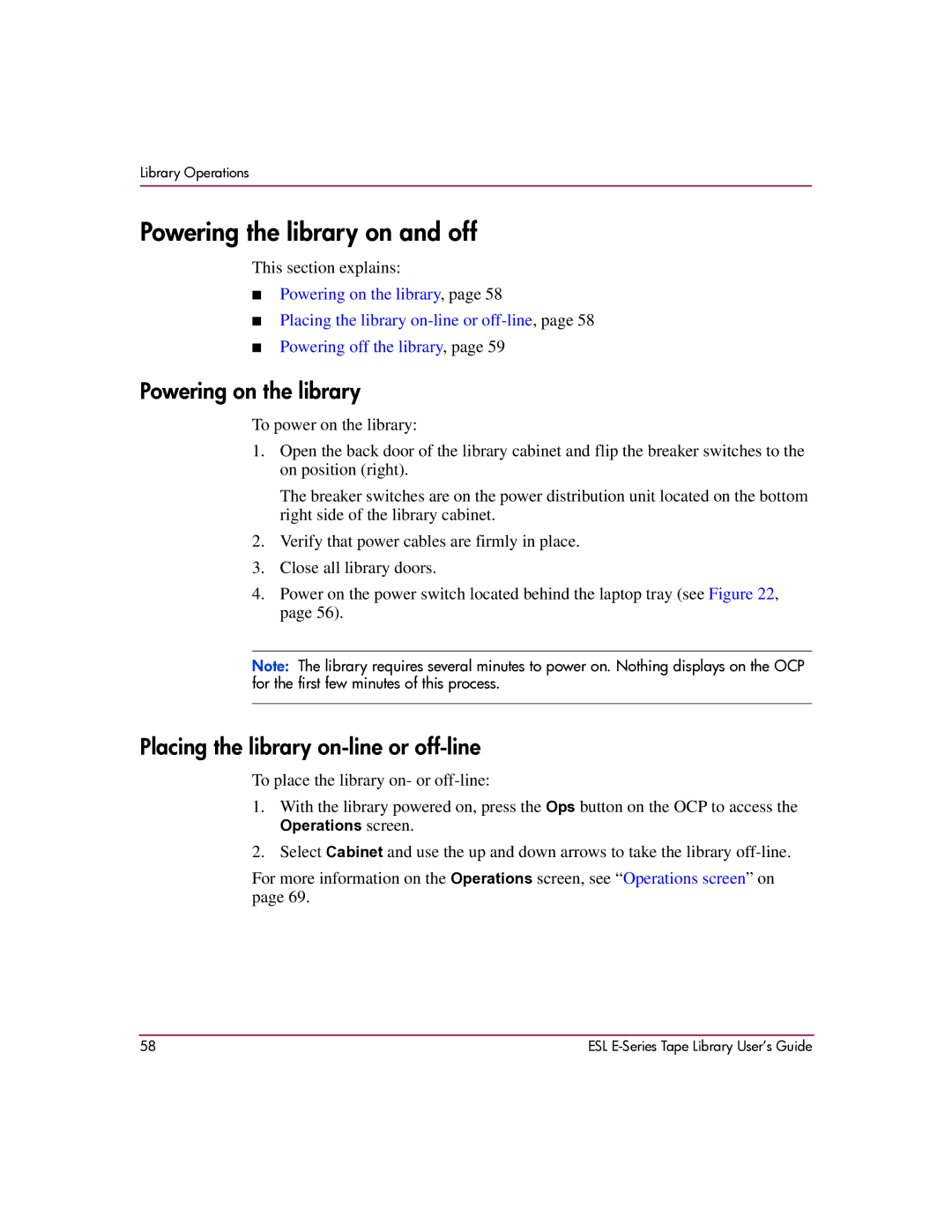 HP ESL E manual Powering the library on and off, Powering on the library, Placing the library on-line or off-line 