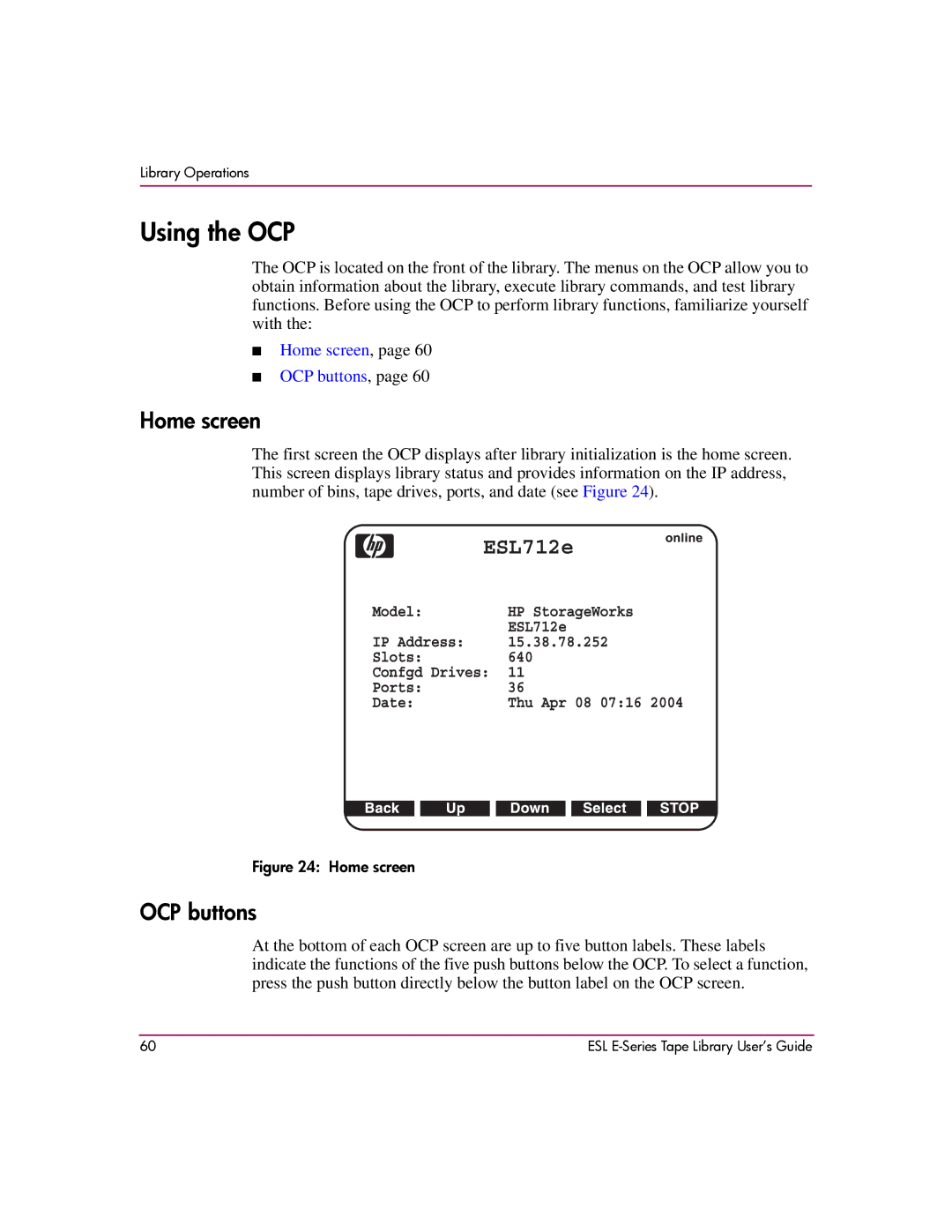 HP ESL E manual Using the OCP, Home screen, OCP buttons 