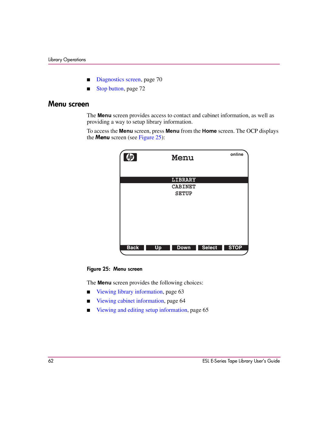 HP ESL E manual Menu screen 