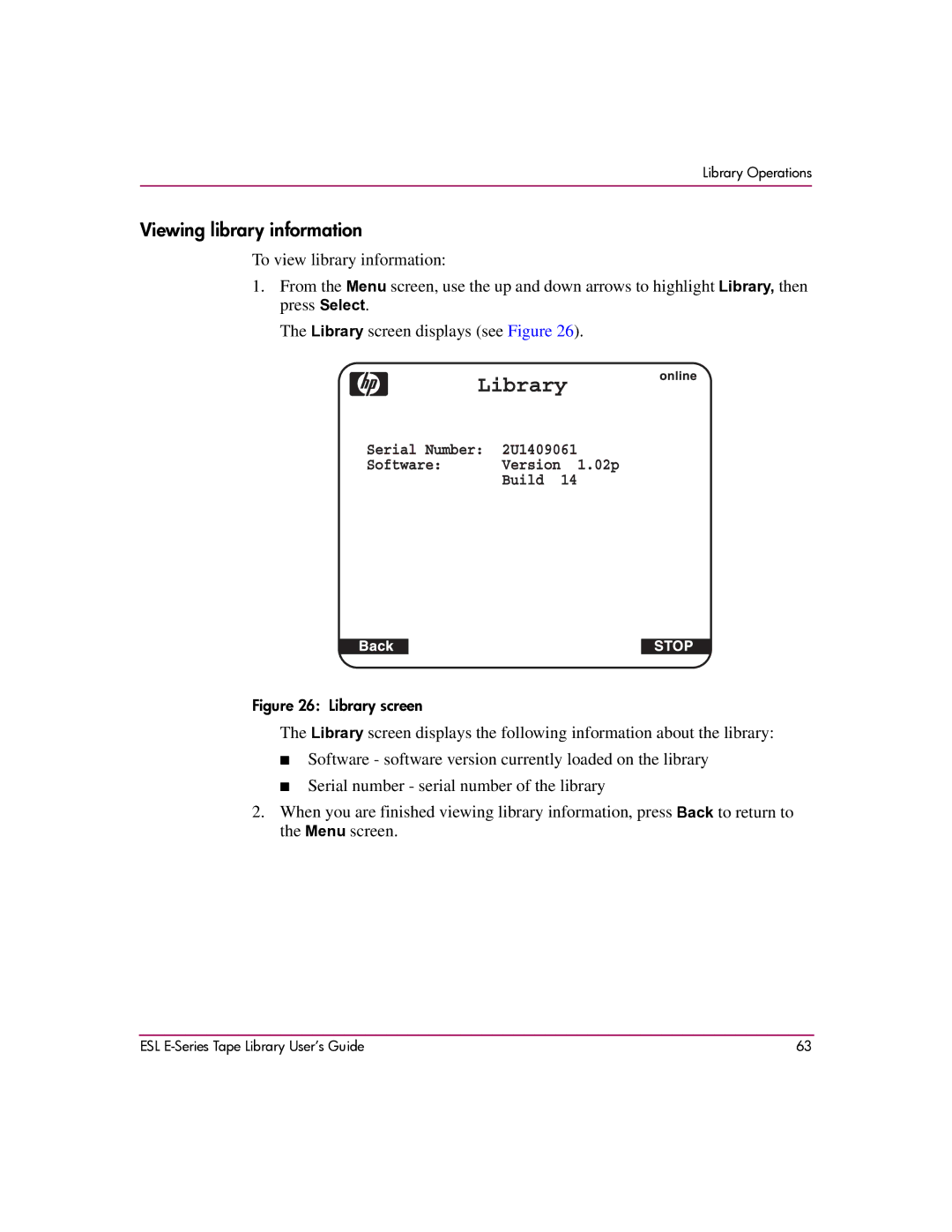 HP ESL E manual Viewing library information, Library screen 