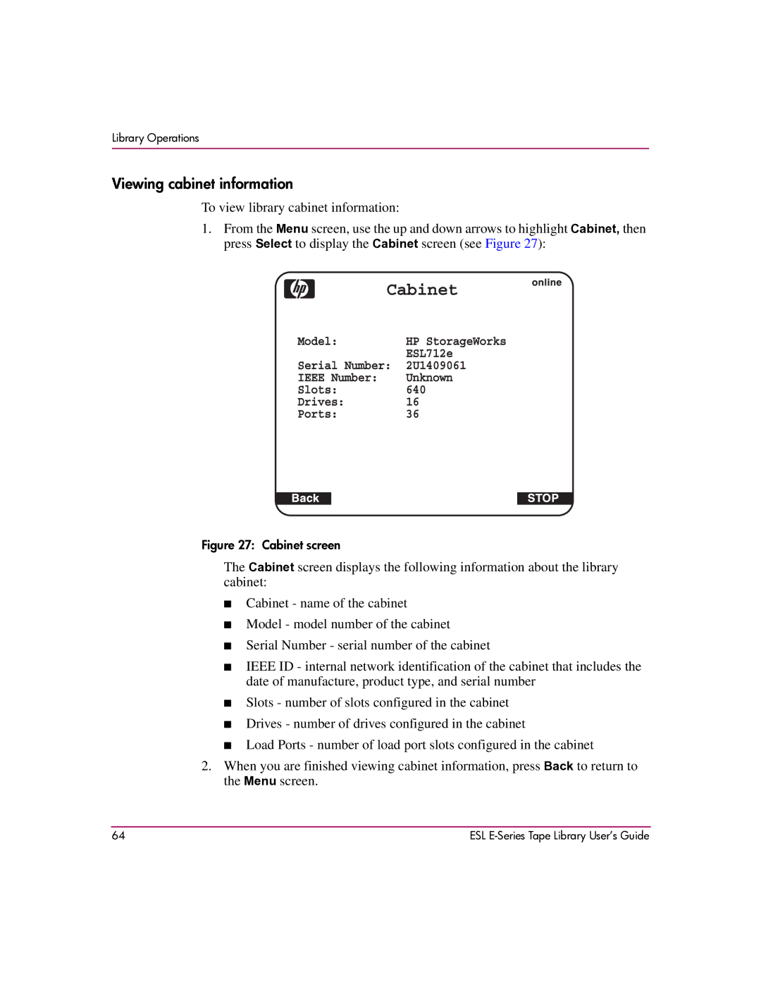 HP ESL E manual Viewing cabinet information, Cabinet screen 