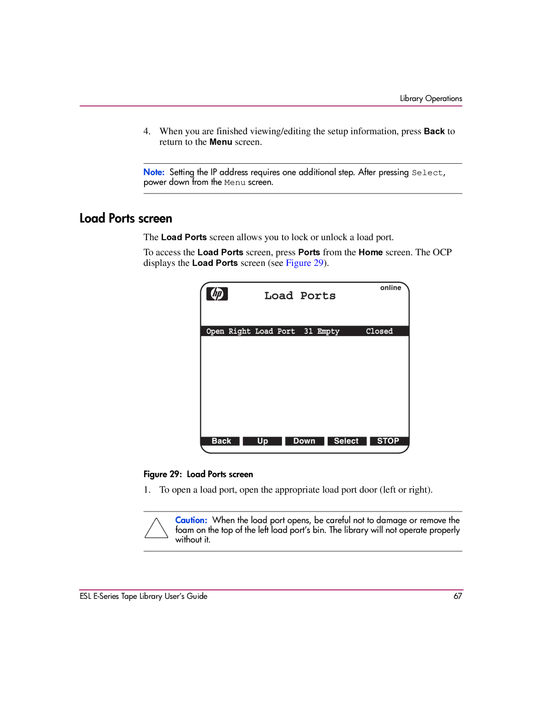 HP ESL E manual Load Ports screen 