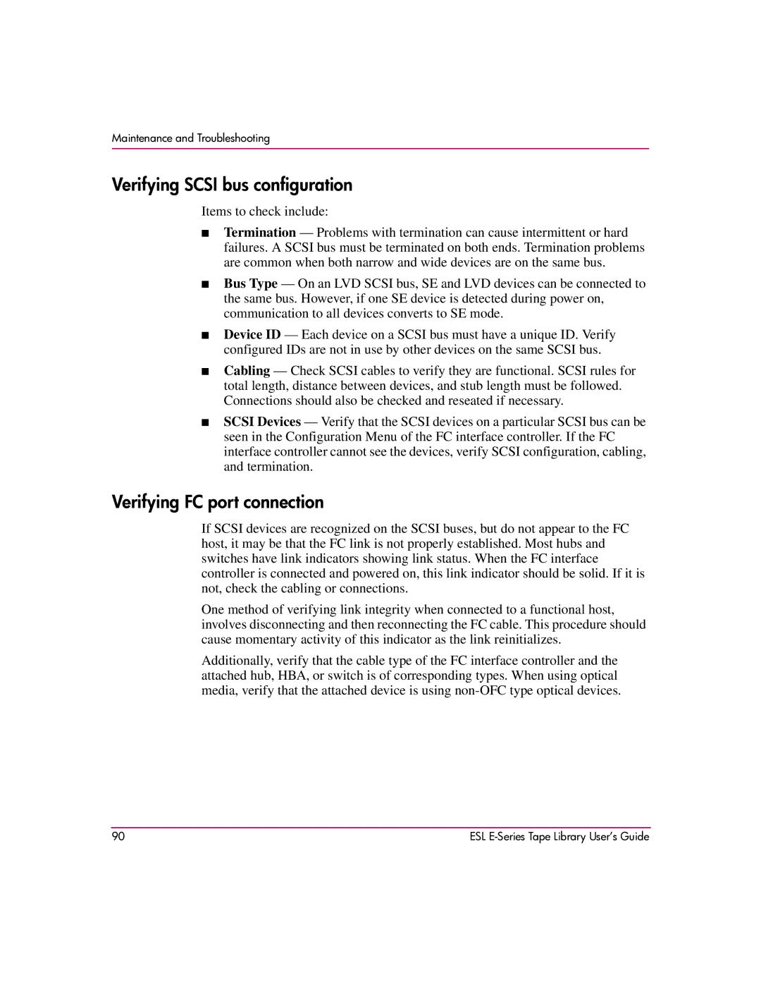 HP ESL E manual Verifying Scsi bus configuration, Verifying FC port connection 