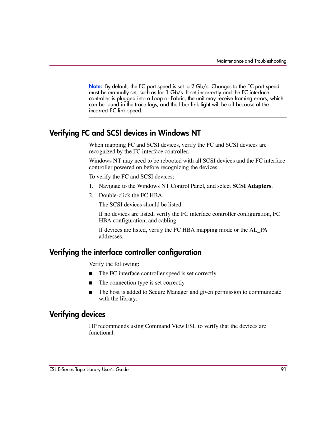 HP ESL E Verifying FC and Scsi devices in Windows NT, Verifying the interface controller configuration, Verifying devices 