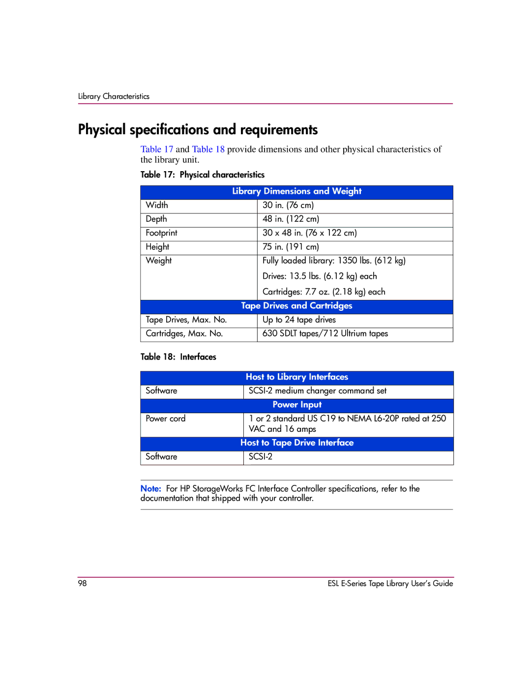 HP ESL E manual Physical specifications and requirements, Library Dimensions and Weight 