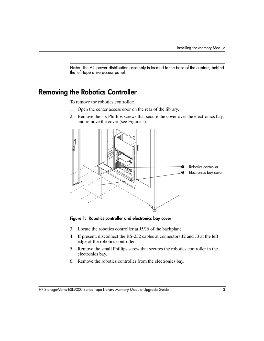 HP ESL9000 manual Removing the Robotics Controller, Robotics controller and electronics bay cover 