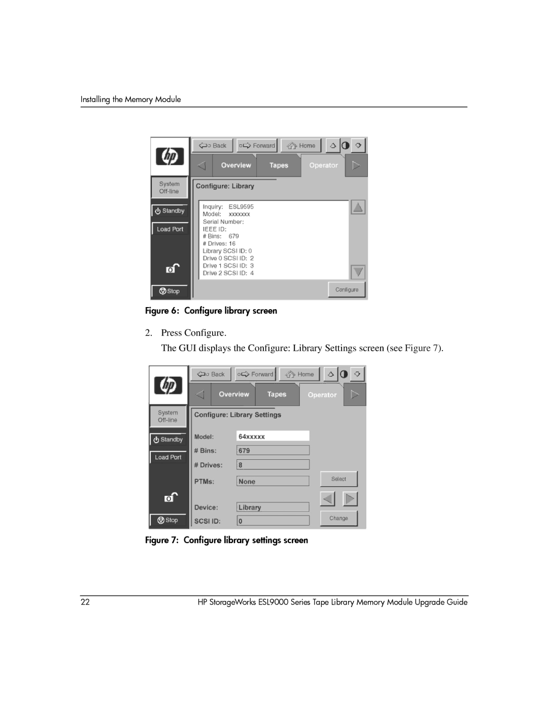 HP ESL9000 manual Configure library screen 