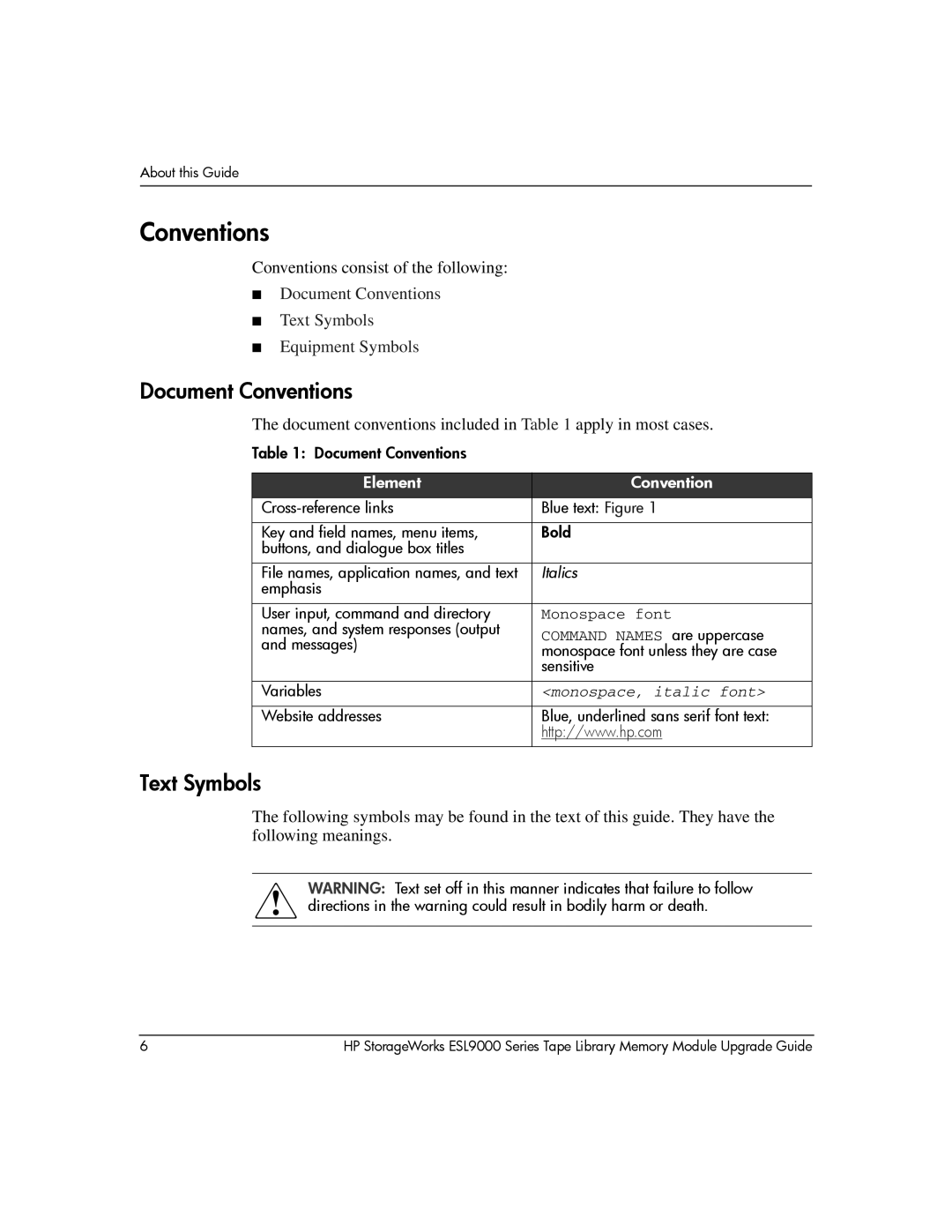 HP ESL9000 manual Document Conventions, Text Symbols 