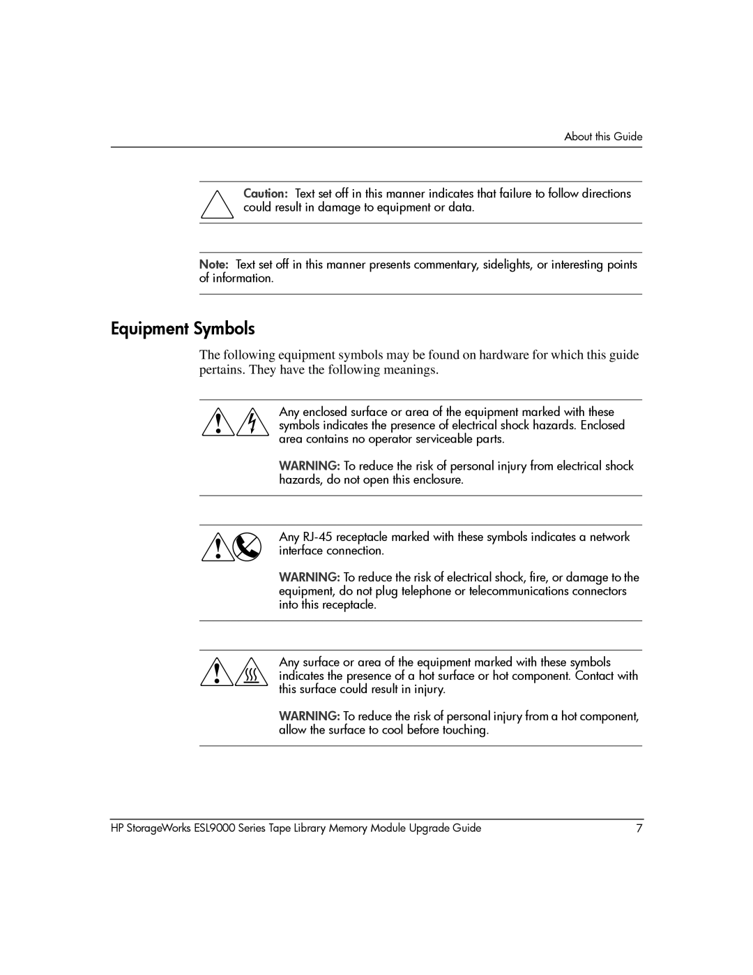 HP ESL9000 manual Equipment Symbols 