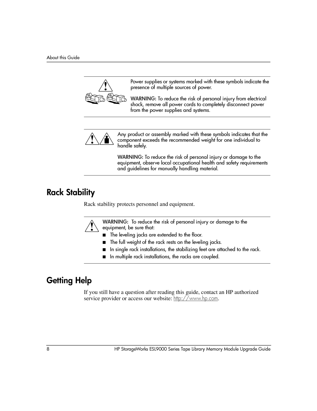 HP ESL9000 manual Rack Stability, Getting Help 