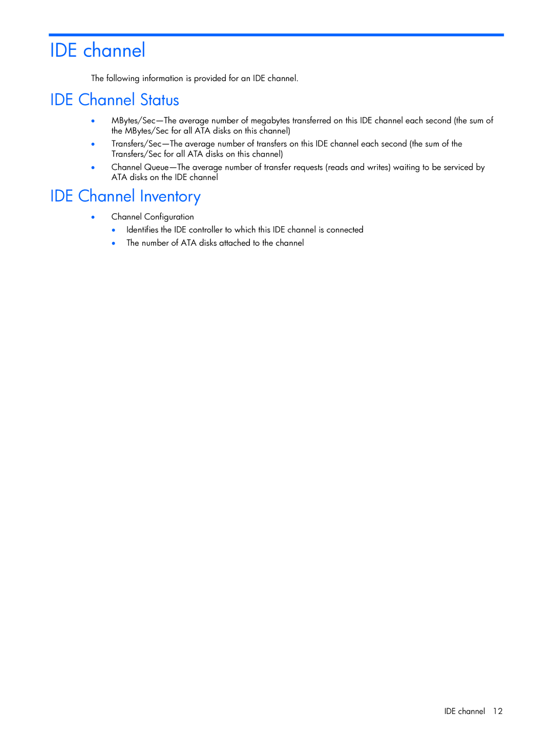 HP Essential Perforance Management Pack 4.2 350813-005 manual IDE channel, IDE Channel Status, IDE Channel Inventory 