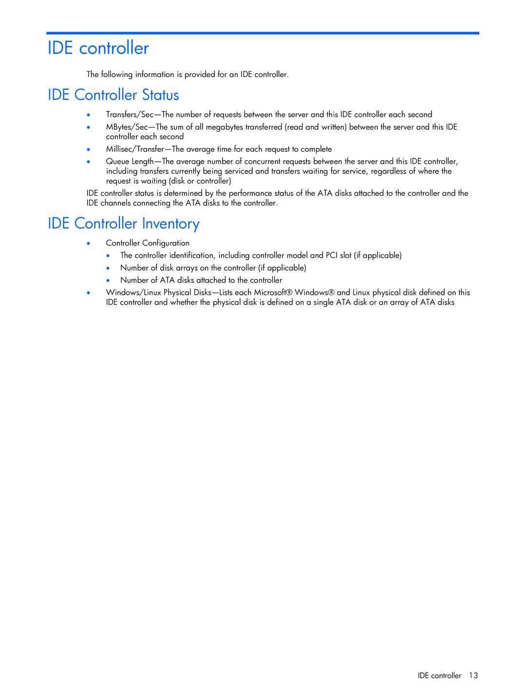 HP Essential Perforance Management Pack 4.2 350813-005 IDE controller, IDE Controller Status, IDE Controller Inventory 