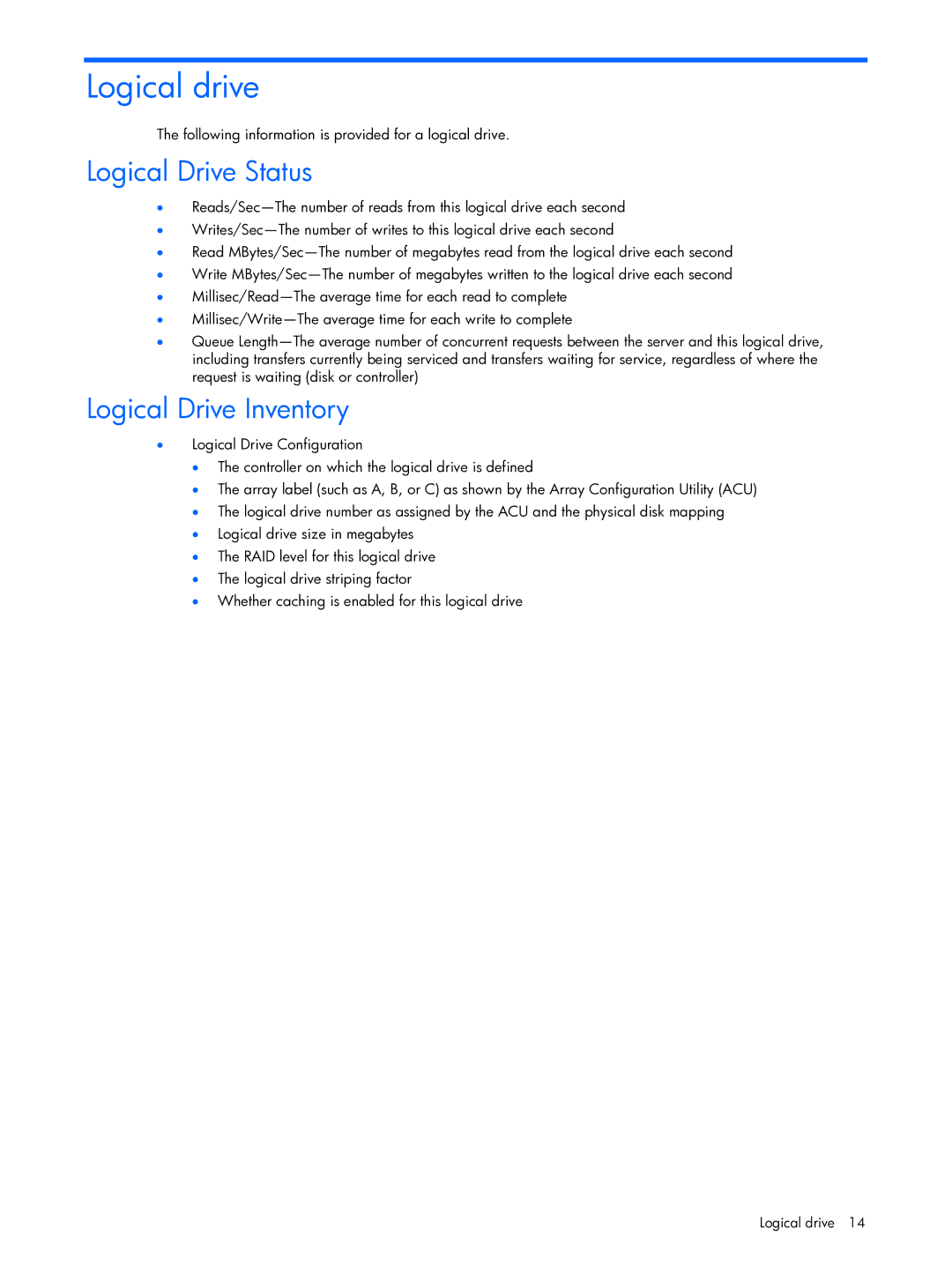 HP Essential Perforance Management Pack 4.2 350813-005 manual Logical drive, Logical Drive Status, Logical Drive Inventory 