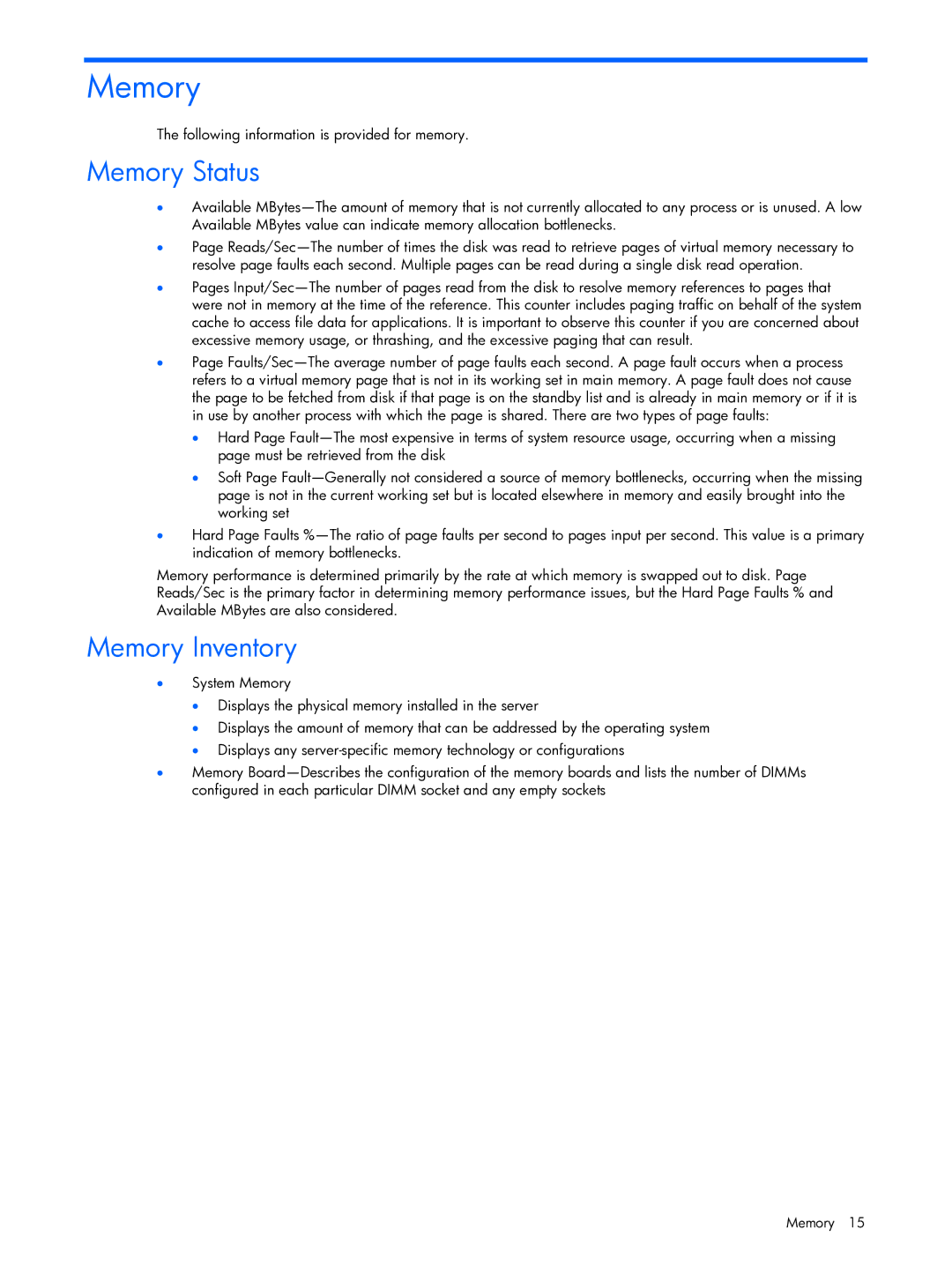 HP Essential Perforance Management Pack 4.2 350813-005 manual Memory Status, Memory Inventory 