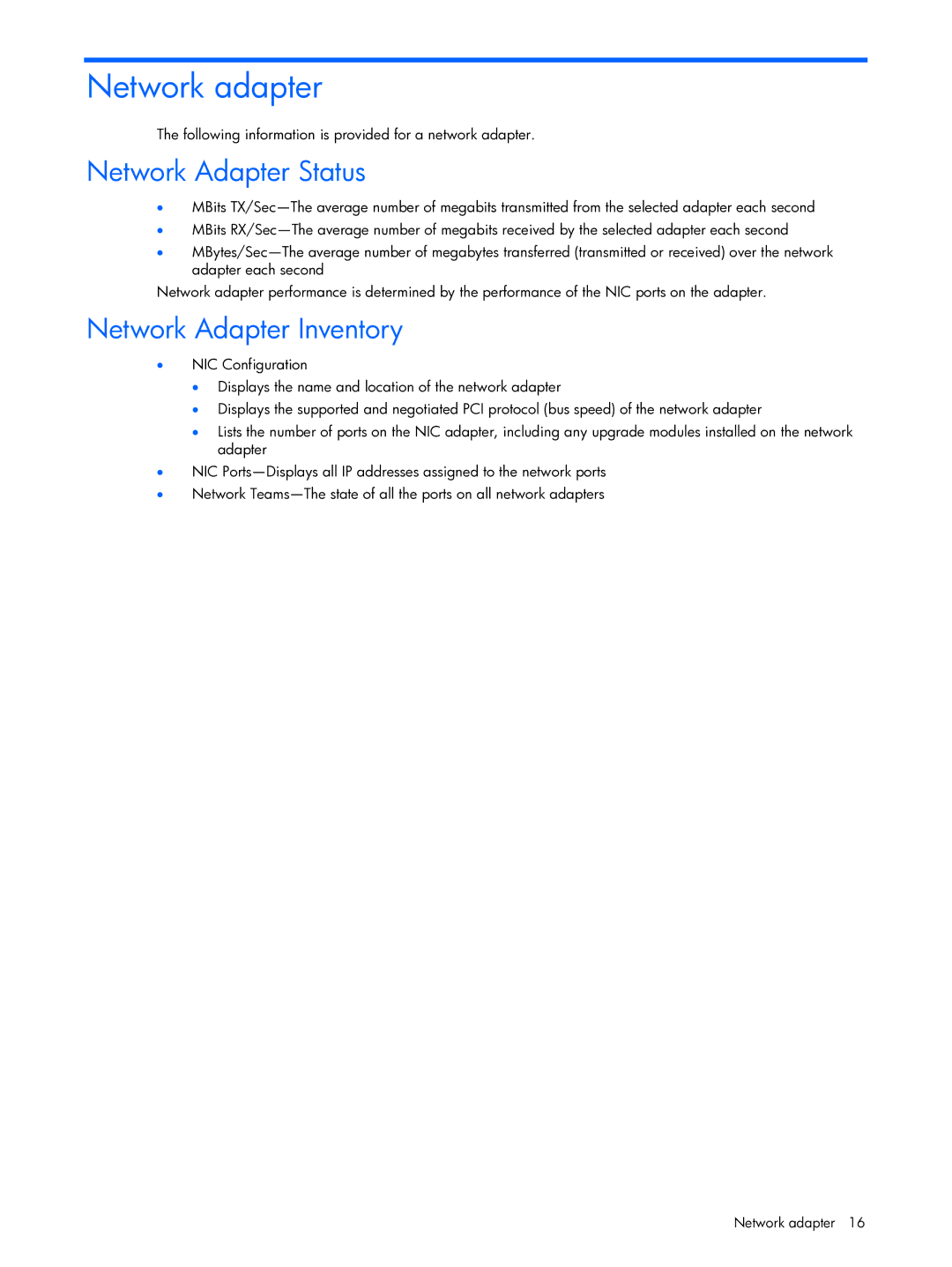 HP Essential Perforance Management Pack 4.2 350813-005 Network adapter, Network Adapter Status, Network Adapter Inventory 