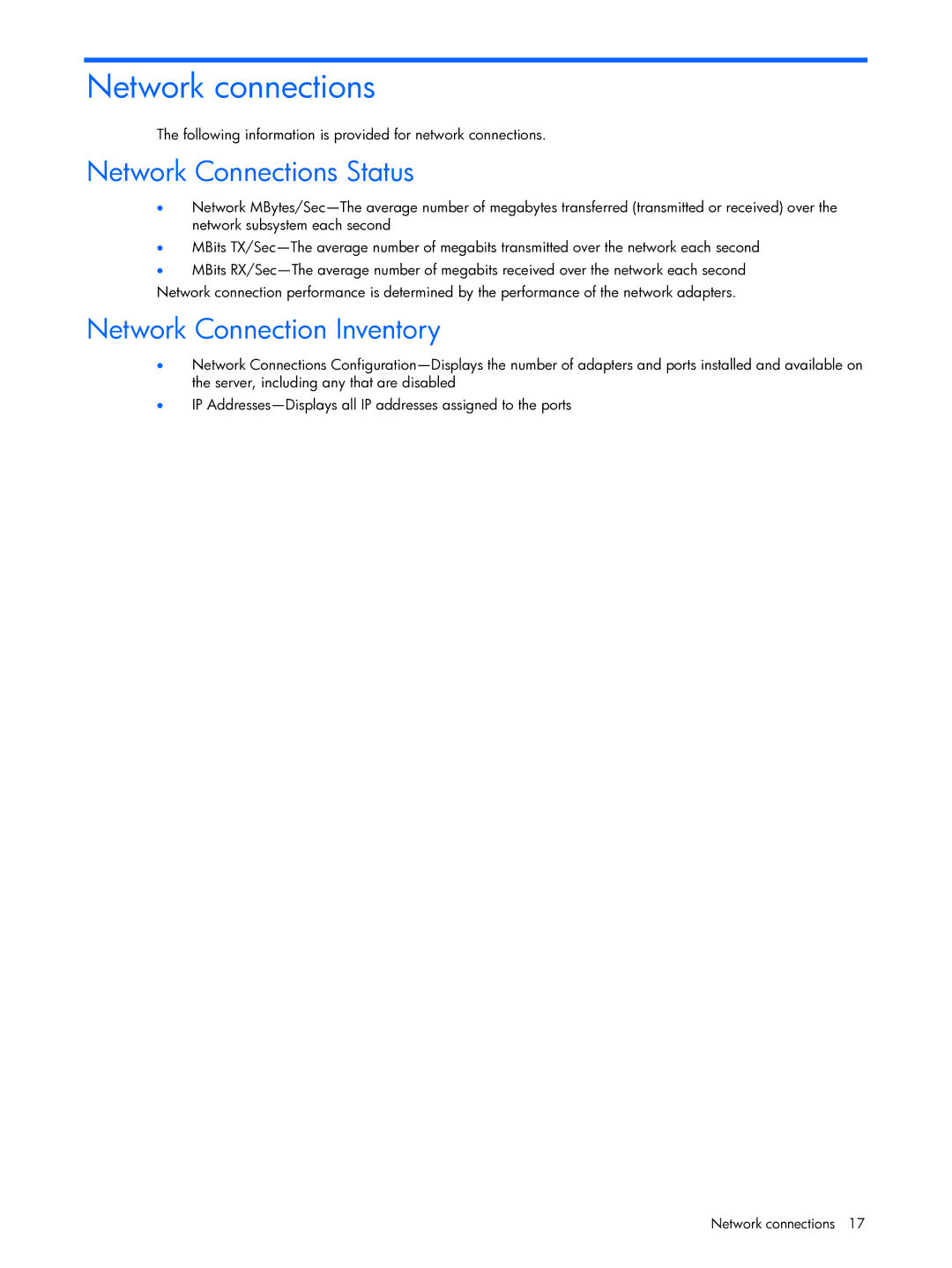 HP Essential Perforance Management Pack 4.2 350813-005 manual Network connections, Network Connections Status 