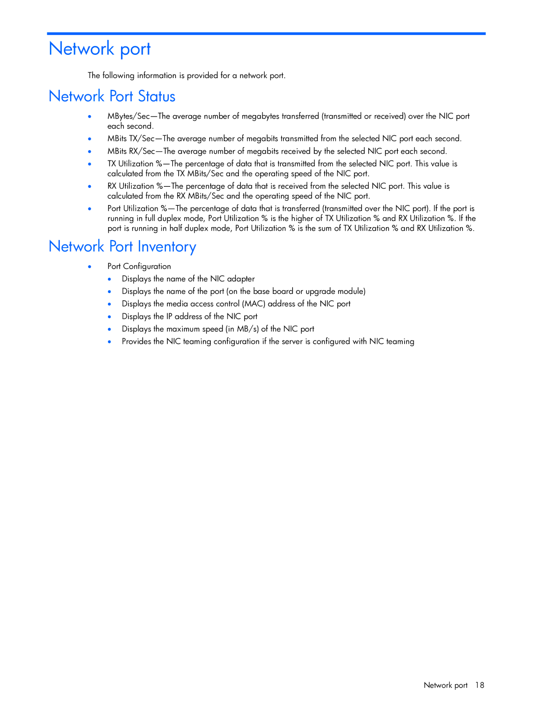 HP Essential Perforance Management Pack 4.2 350813-005 manual Network port, Network Port Status, Network Port Inventory 