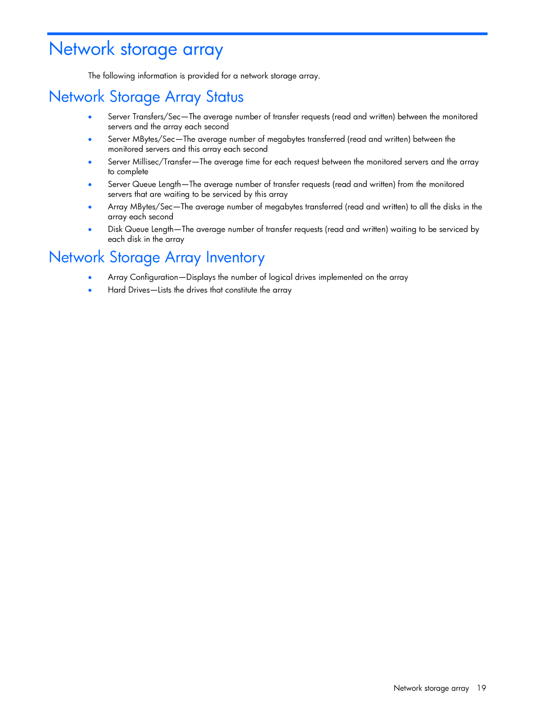 HP Essential Perforance Management Pack 4.2 350813-005 manual Network storage array, Network Storage Array Status 