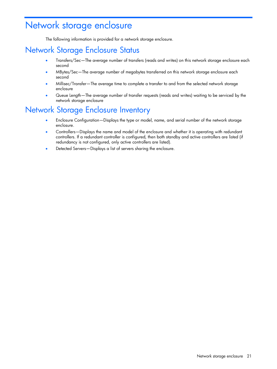 HP Essential Perforance Management Pack 4.2 350813-005 manual Network storage enclosure, Network Storage Enclosure Status 