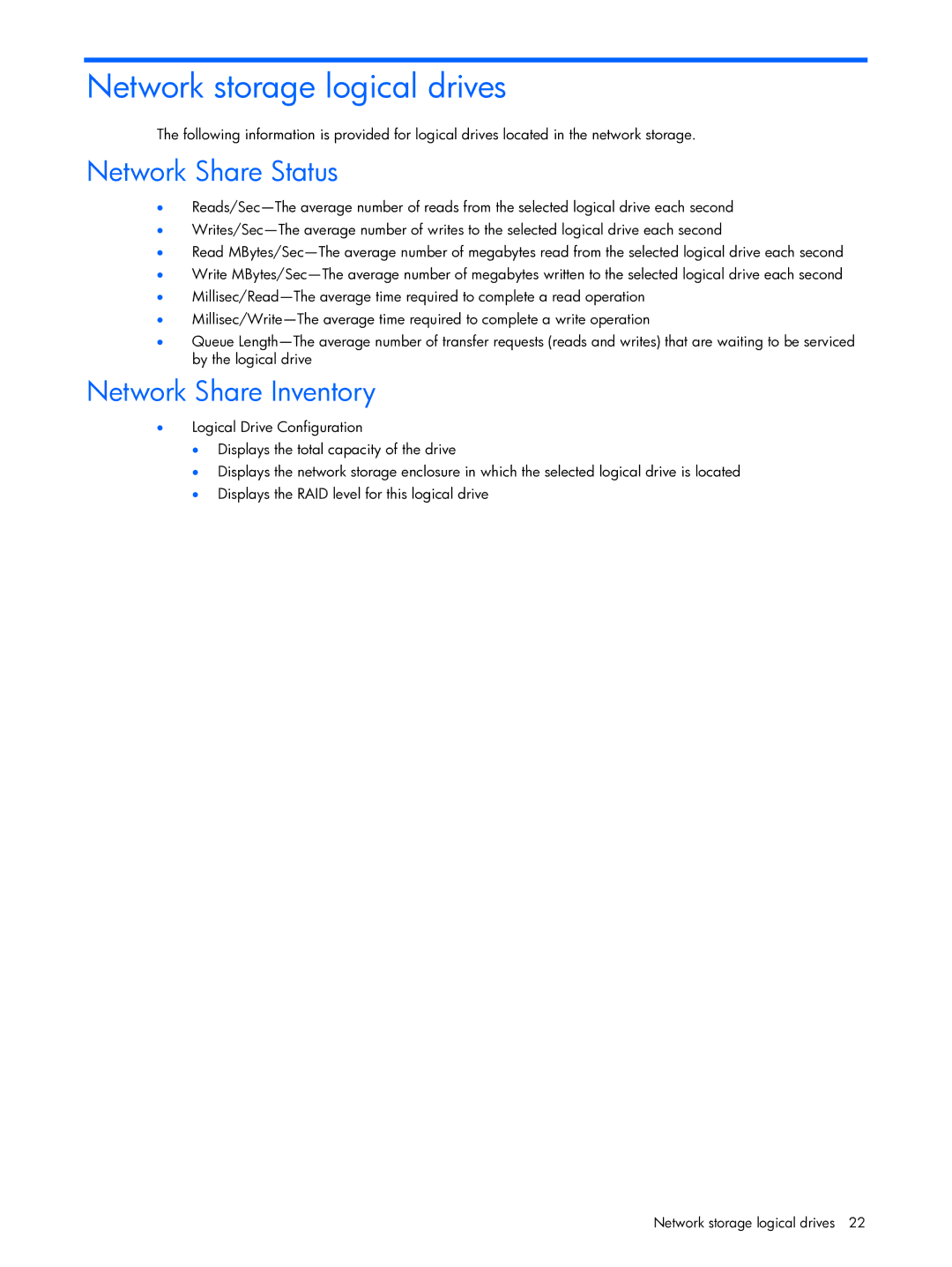 HP Essential Perforance Management Pack 4.2 350813-005 manual Network storage logical drives, Network Share Status 