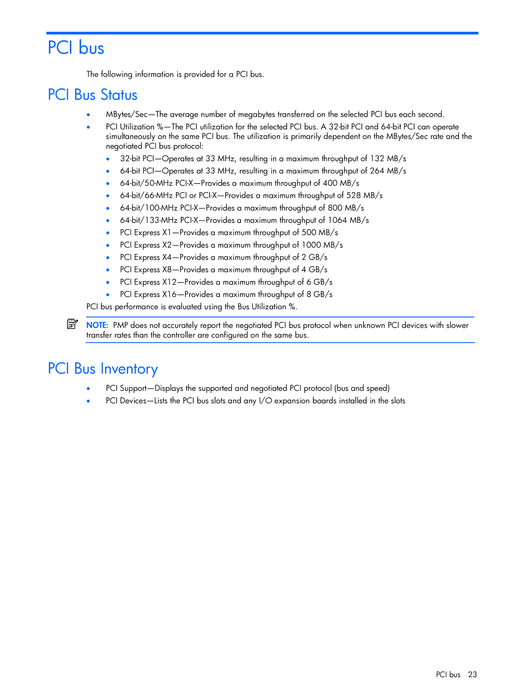 HP Essential Perforance Management Pack 4.2 350813-005 manual PCI bus, PCI Bus Status, PCI Bus Inventory 