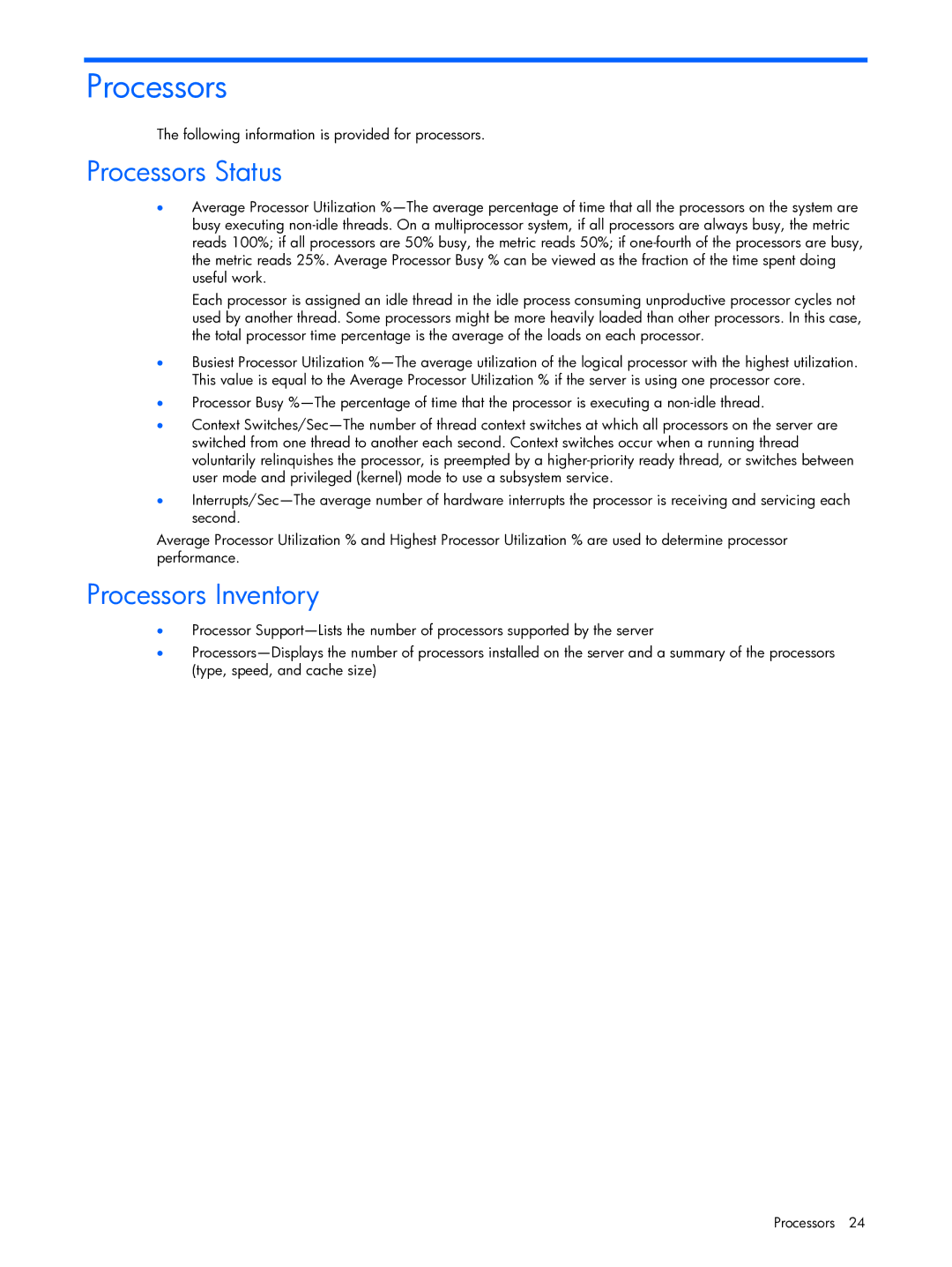 HP Essential Perforance Management Pack 4.2 350813-005 manual Processors Status, Processors Inventory 