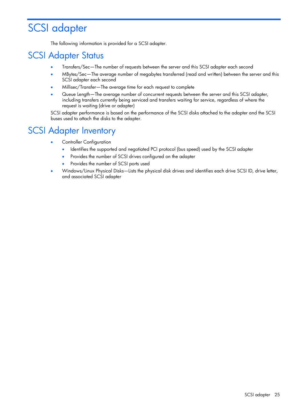 HP Essential Perforance Management Pack 4.2 350813-005 manual Scsi adapter, Scsi Adapter Status, Scsi Adapter Inventory 