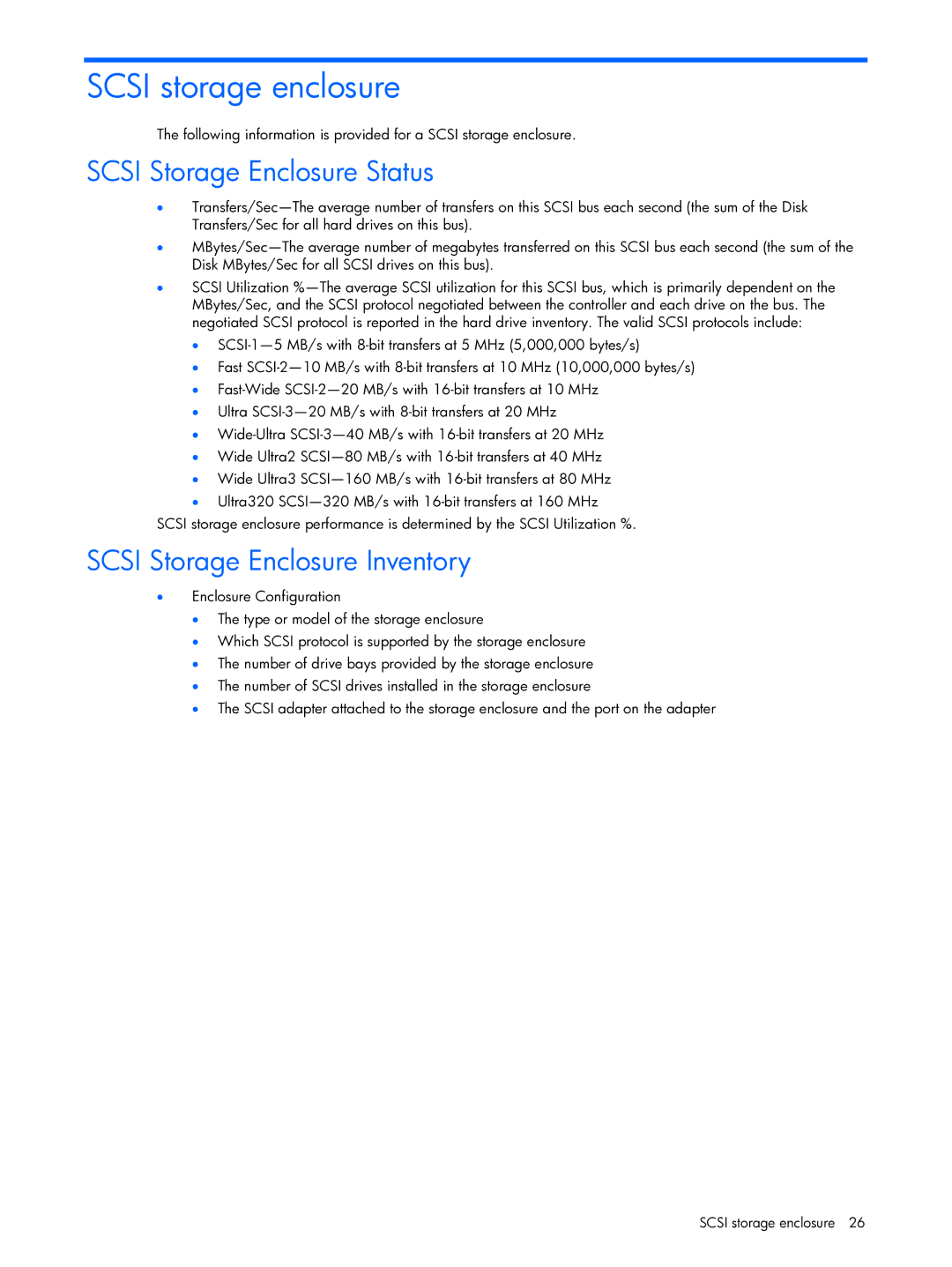 HP Essential Perforance Management Pack 4.2 350813-005 manual Scsi storage enclosure, Scsi Storage Enclosure Status 