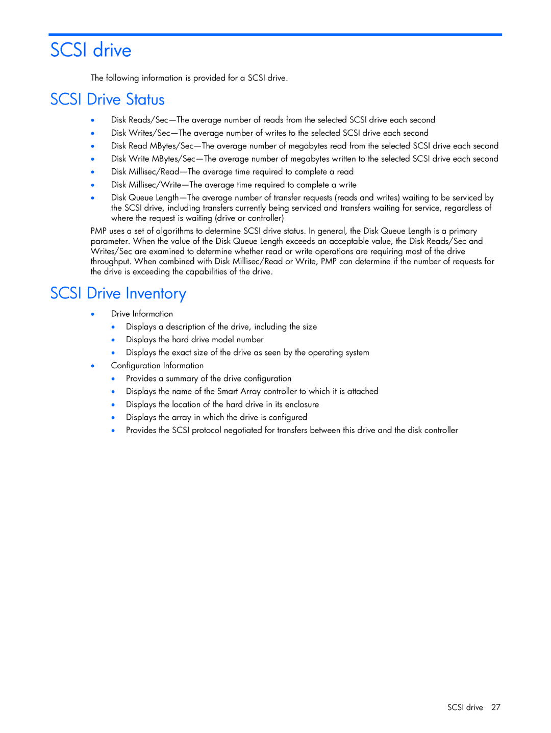 HP Essential Perforance Management Pack 4.2 350813-005 manual Scsi drive, Scsi Drive Status, Scsi Drive Inventory 