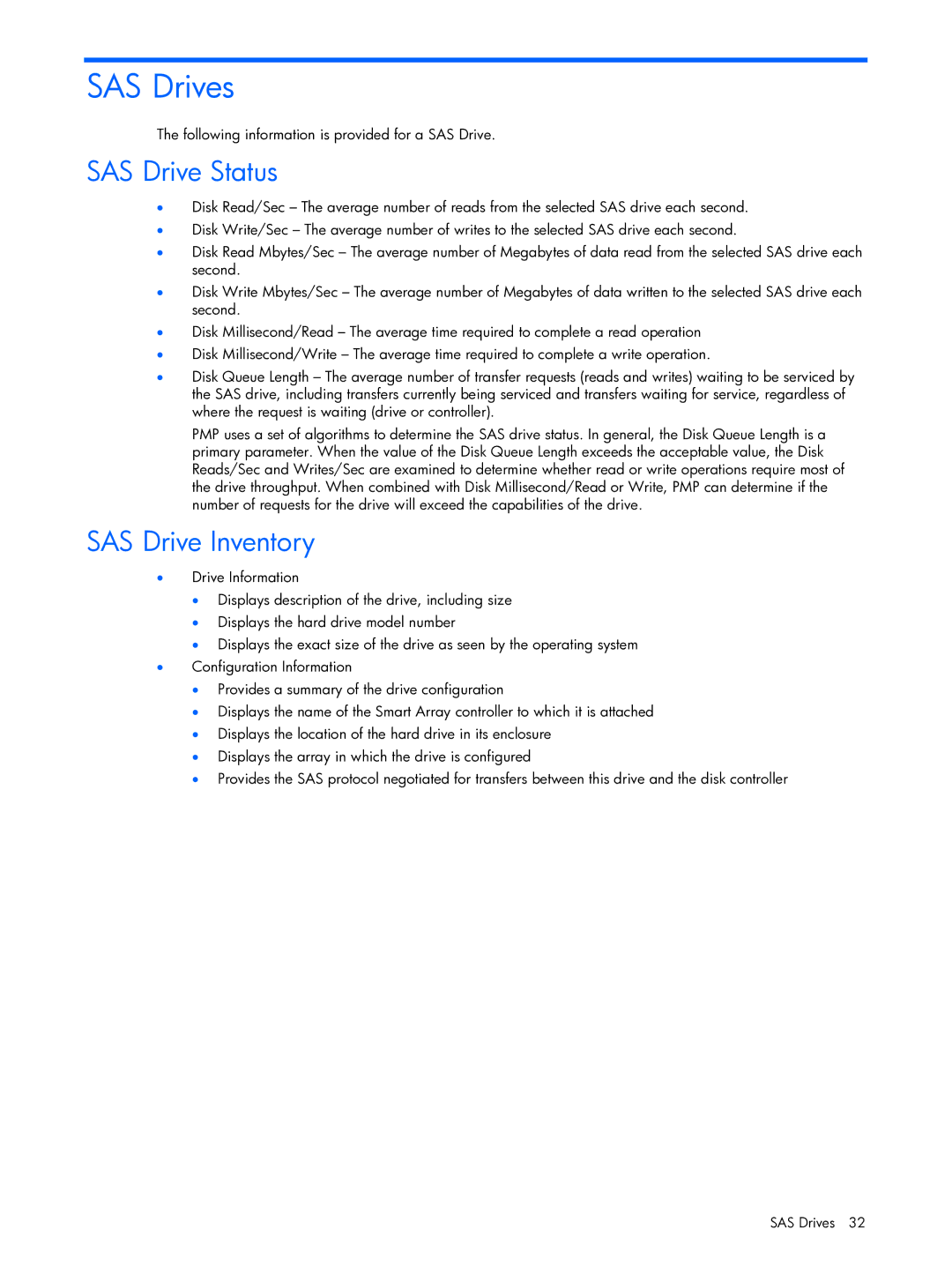 HP Essential Perforance Management Pack 4.2 350813-005 manual SAS Drives, SAS Drive Status, SAS Drive Inventory 