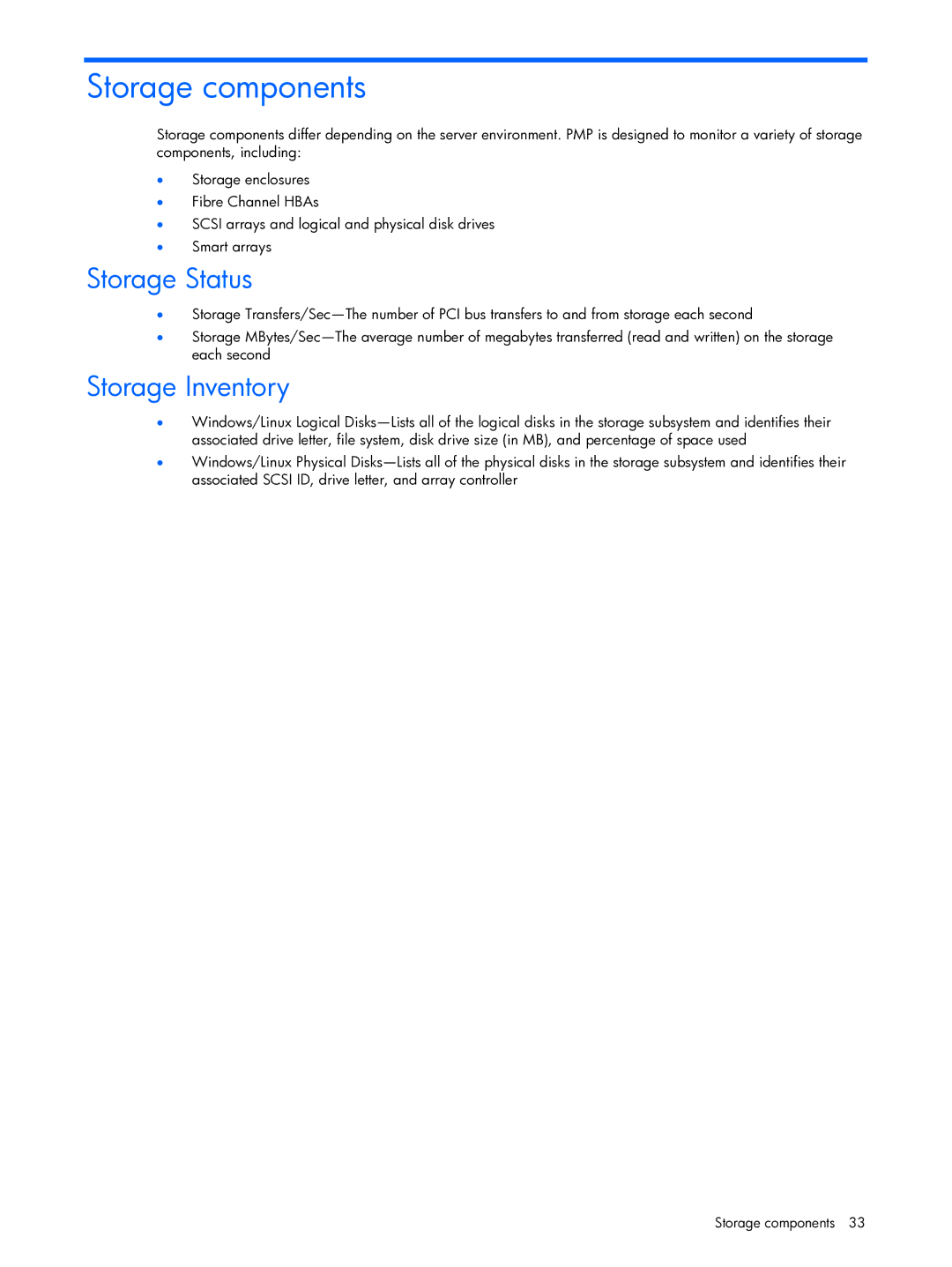 HP Essential Perforance Management Pack 4.2 350813-005 manual Storage components, Storage Status, Storage Inventory 