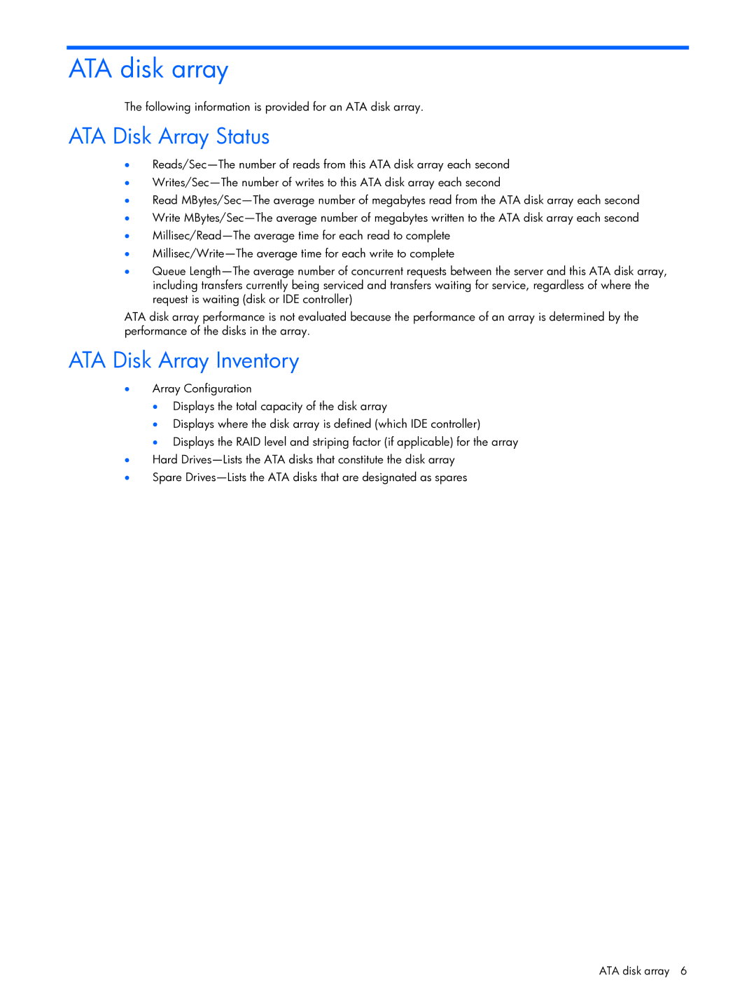 HP Essential Perforance Management Pack 4.2 350813-005 ATA disk array, ATA Disk Array Status, ATA Disk Array Inventory 